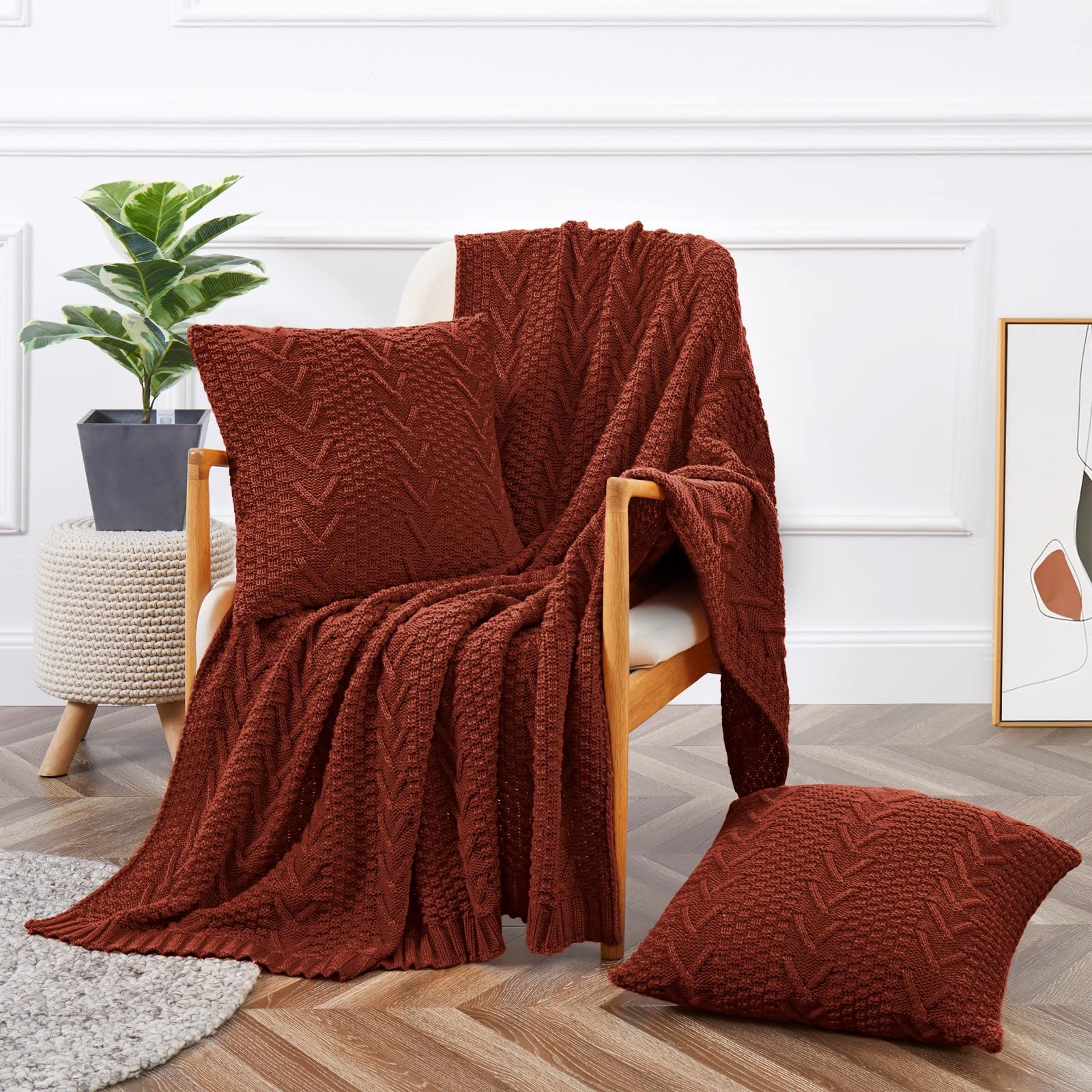 Aormenzy Knitted Throw Blanket (50" x 60") and 2 Pillow Covers (18" x 18"), 3 Piece Grayish Green Throw Blanket Set, Decorative Throw Blankets for Couch Sofa Bed Living Room
