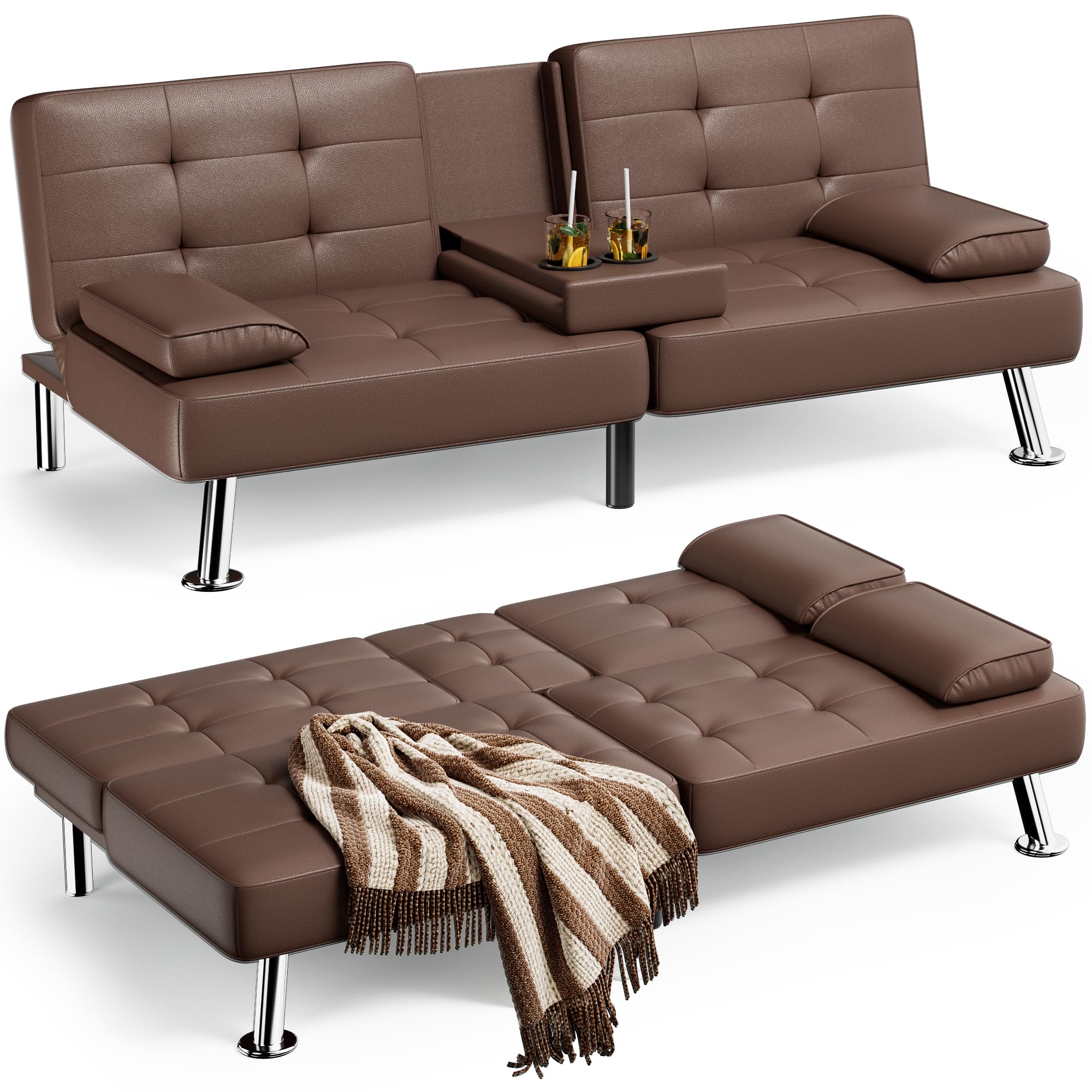 Homall Futon Sofa Bed, Leather Futon Couch with Removable Armrests, Adjustable Recliner Sleeper Sofa Bed with Dual Cup Holders for Living Room, Apartment, Office (Black), 30.7 x 65 x 28