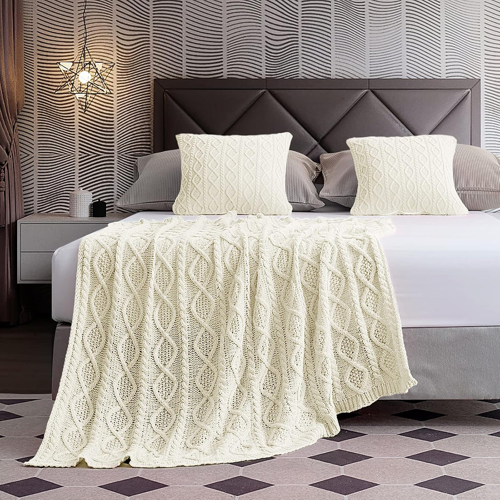 Cream White Homiest 3-Piece Cable Knit Throw Blanket & Pillow Cover Set for Sofa Couch Bed Decor
