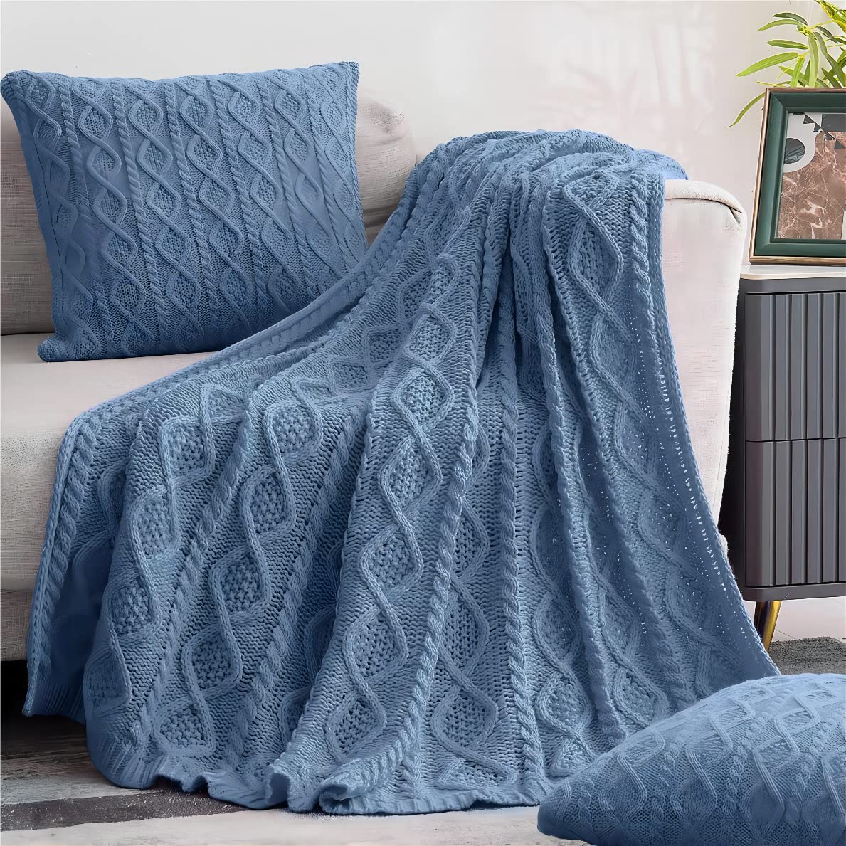 Homiest Acrylic Cable Knit Throw Blanket and Pillow Set, Sage Green, 50 x 60 Inch Blanket & 18 x 18 Inch Pillow, 3-Piece Modern Geometric Blanket Set for Couch, Bed, Travel
