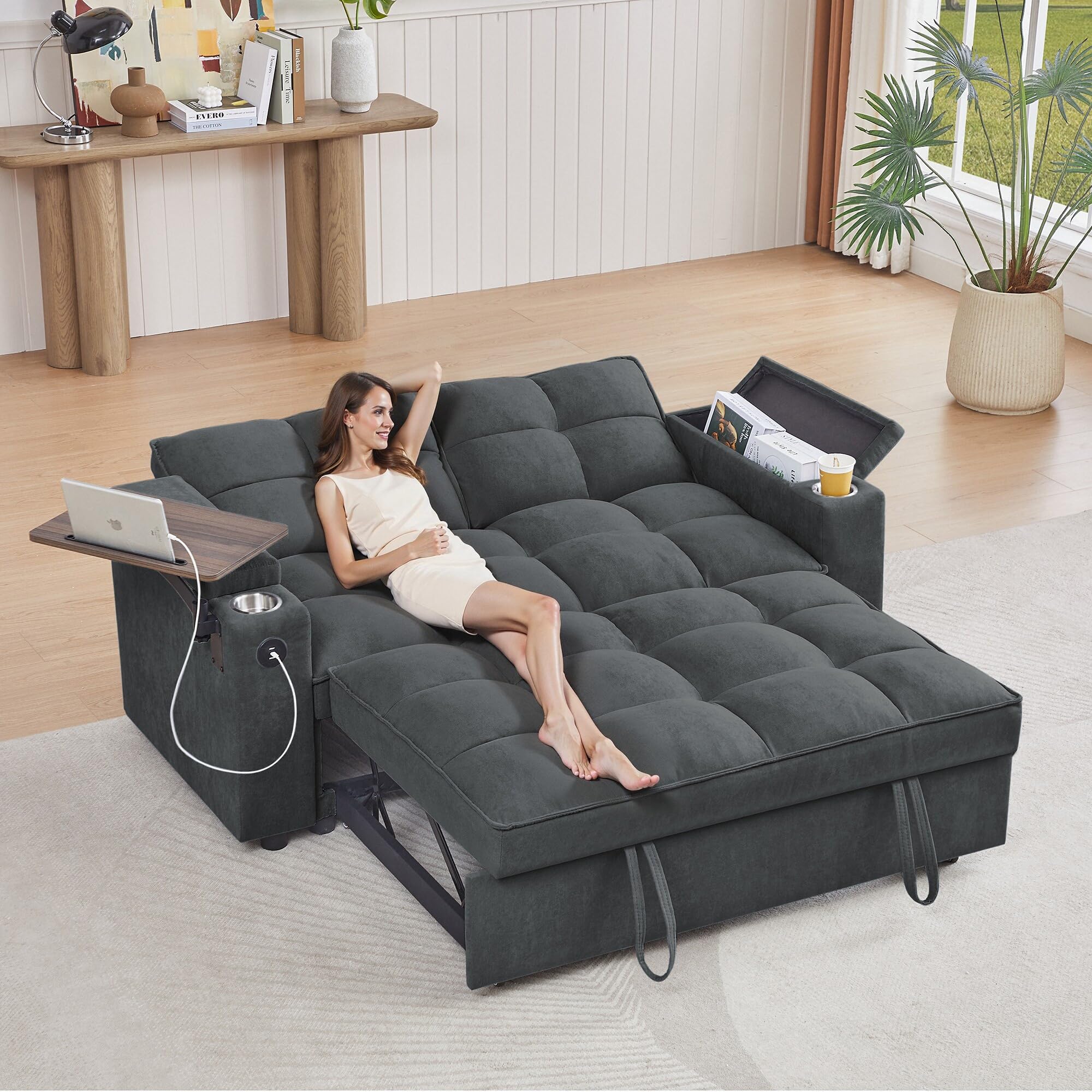 hansones 65'' 3-in-1 Folding Convertible Sofa Bed, Pullout Sofa, Modern Chenille Fabric, 360° Swivel Side Table, Easy Assembly, Perfect for Living Room, Black