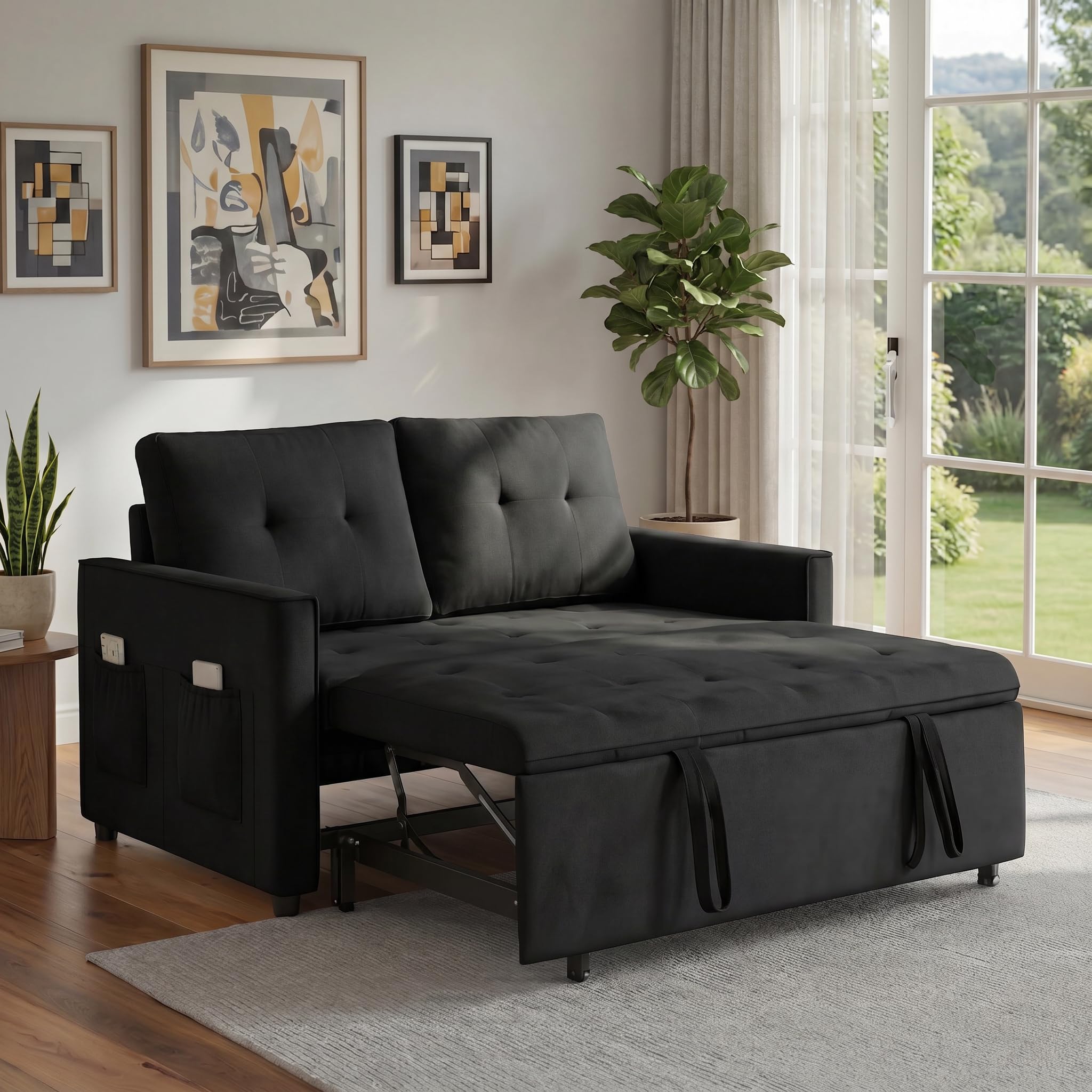 Pull Out Couch, Loveseat Sleeper Sofa Bed with Side Pockets, 3 in 1 Velvet Fabric Convertible Sofa Bed with Adjustable Backrest for Living Room, Bedroom, Apartment, Black