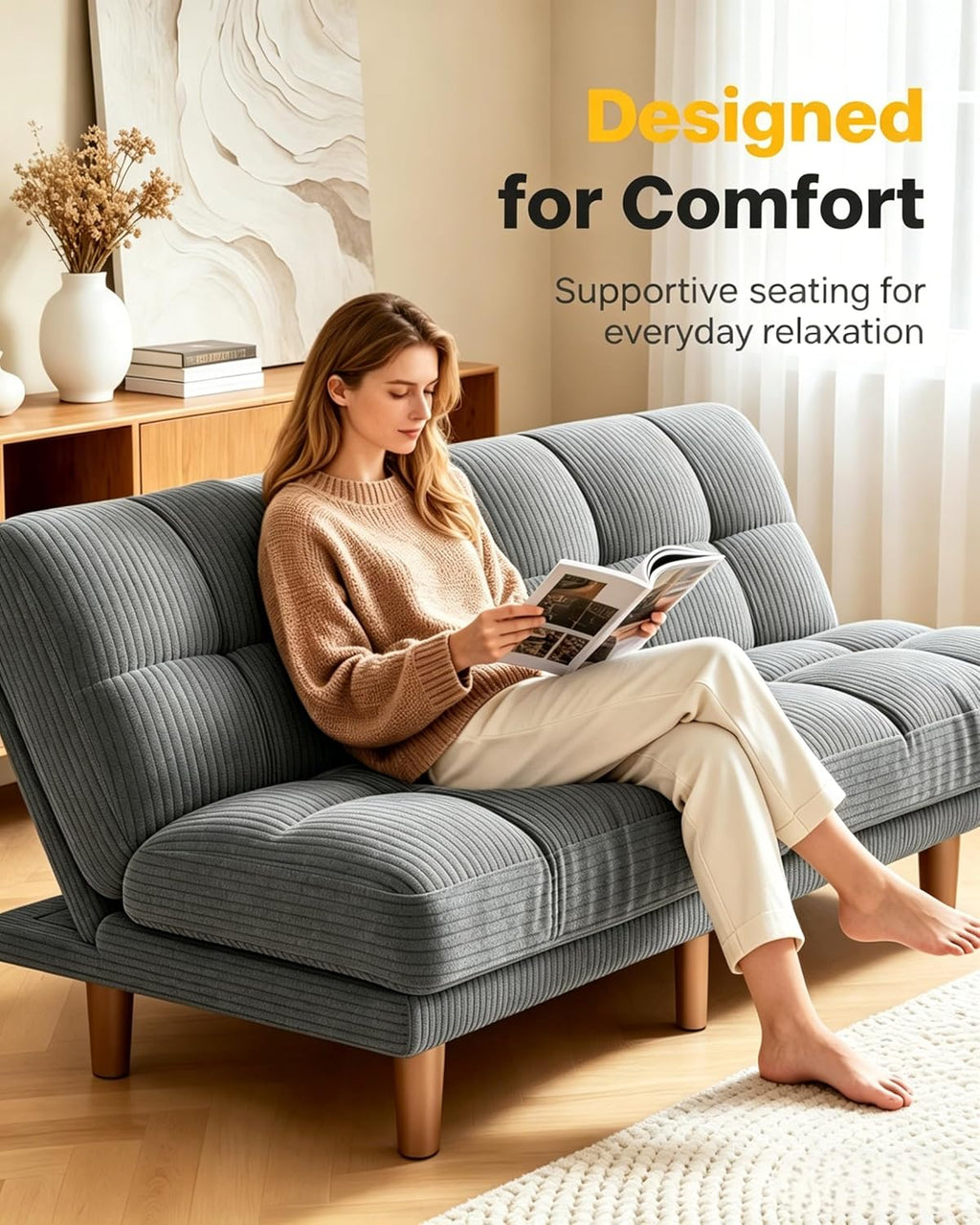AMADA HOMEFURNISHING 65" Loveseat Sofa, Convertible Futon Couch with Adjustable Backrest, Ergonomic Sleeper Sofa Bed Recliner with Corduroy Fabric for Apartment, Living Room, Office, Grey