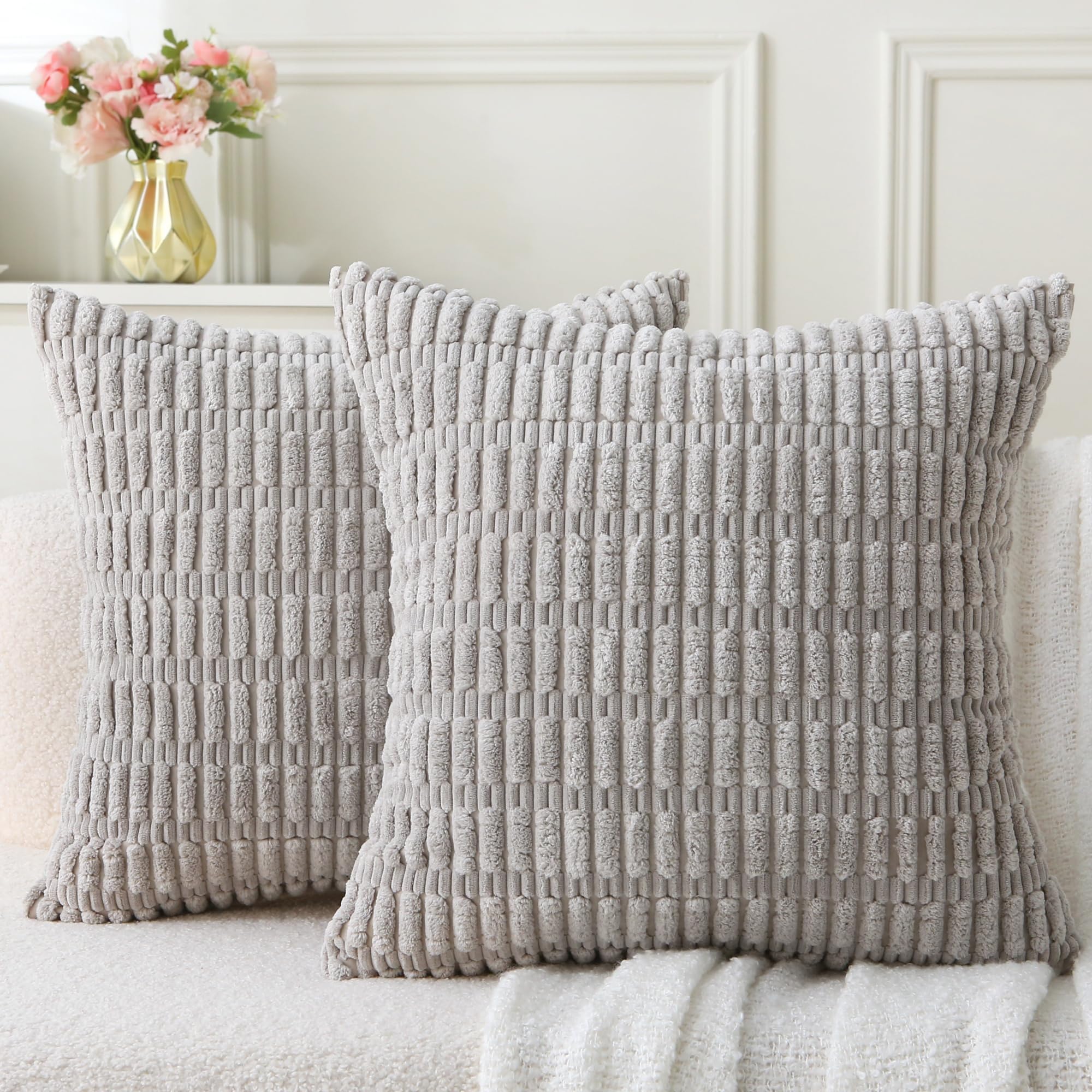 Beige 2 Pack 18×18 Inch Striped Corduroy Boho Throw Pillows with Inserts for Sofa Couch Bed Decor