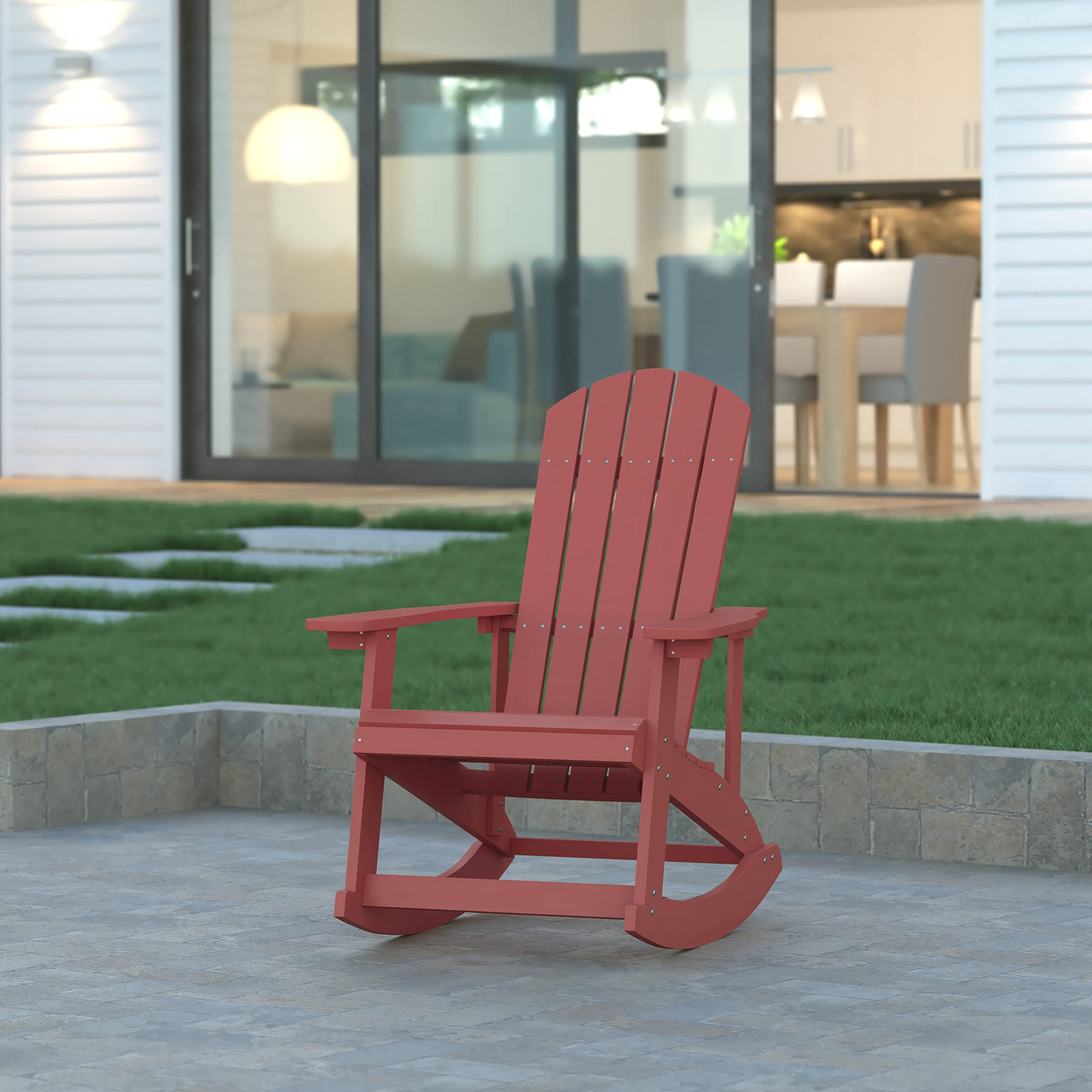 EMMA + OLIVER Savannah Poly Resin Wood Adirondack Rocking Chair - All Weather Yellow Polystyrene - Stainless Steel Hardware
