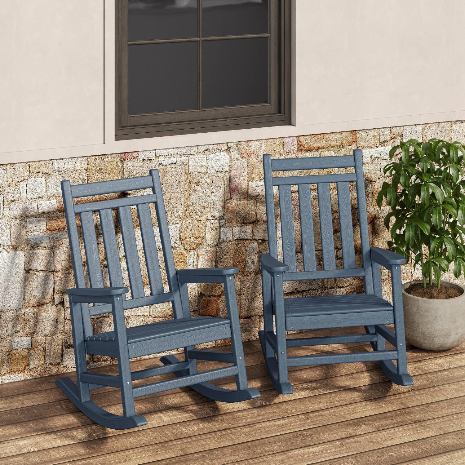Black Garvee 2-Pack HDPE High Back Outdoor Rocking Chairs with Side Table All Weather Patio Porch Furniture