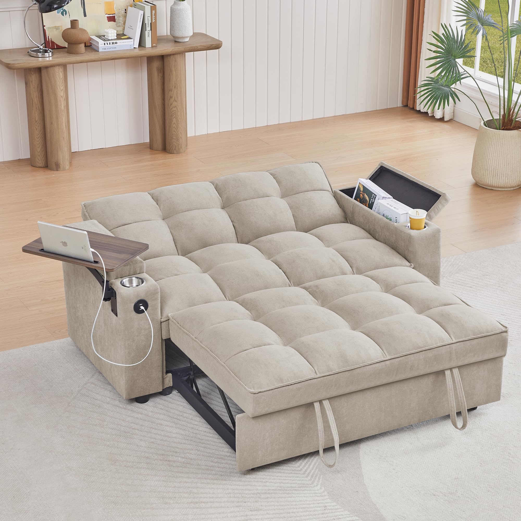 hansones 65'' 3-in-1 Folding Convertible Sofa Bed, Pullout Sofa, Modern Chenille Fabric, 360° Swivel Side Table, Easy Assembly, Perfect for Living Room, Black