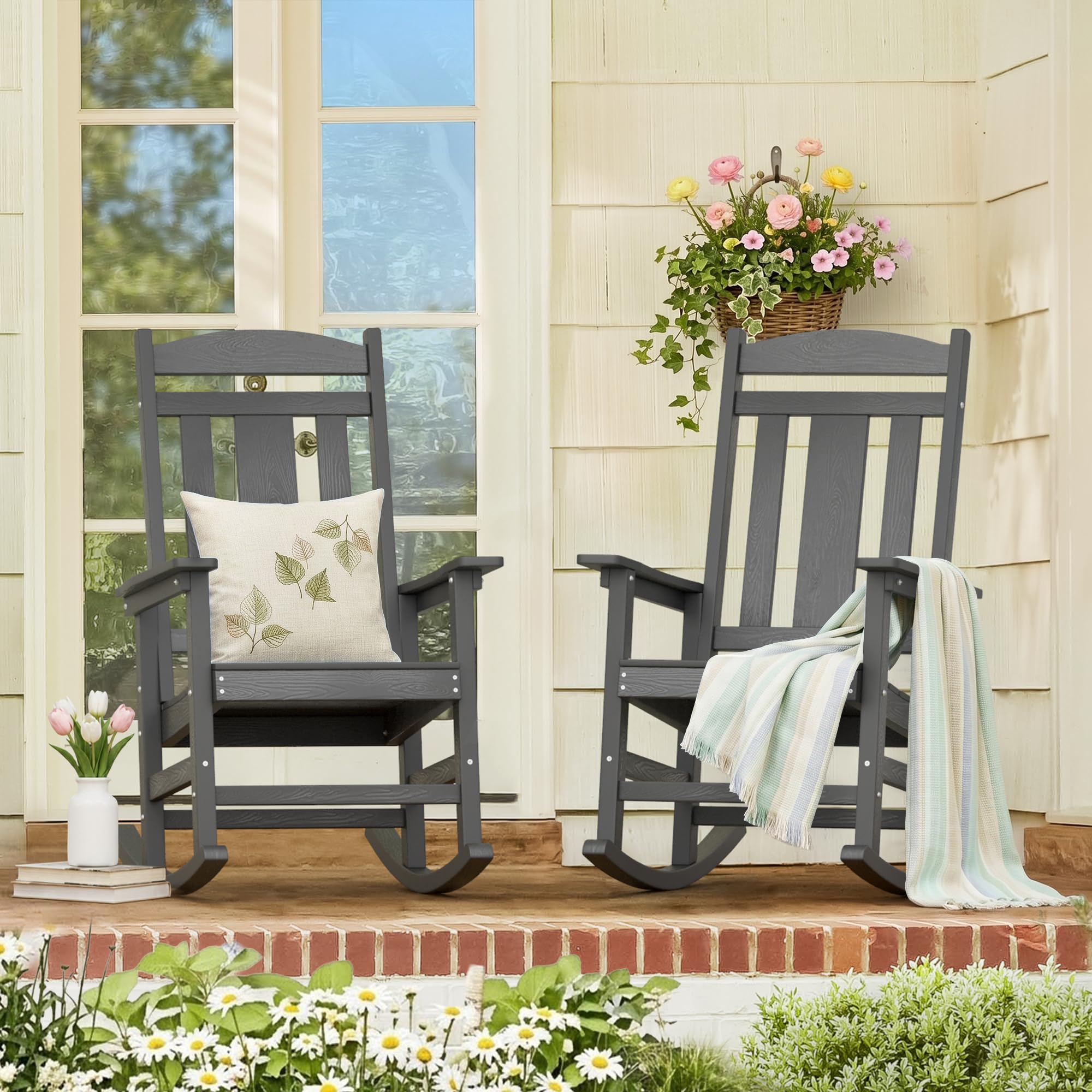 LUE BONA Outdoor Rocking Chairs Set of 2, Weather Resistant Poly Plastic Rocker, 350lb Heavy Duty, Oversized Porch Rocker for Adult, High Back Smooth for Outdoor & Indoor, Black