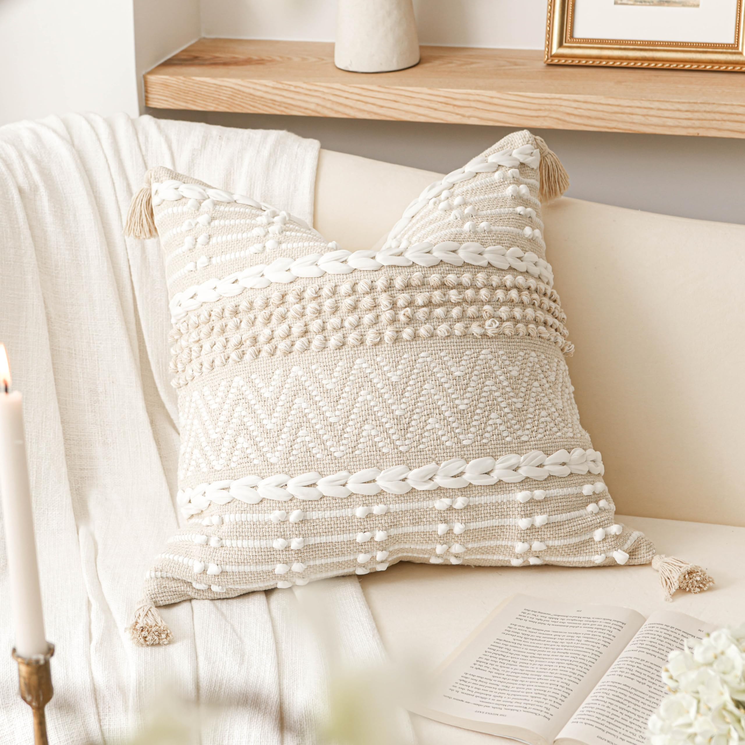BlissBlush Cream White Boho Throw Pillow Cover 20X20, Boho Woven Textured Pillow Cover, Neutral Pillow Cover, Sofa Couch Bed Farmhouse Lumbar Pillow (Cover ONLY)