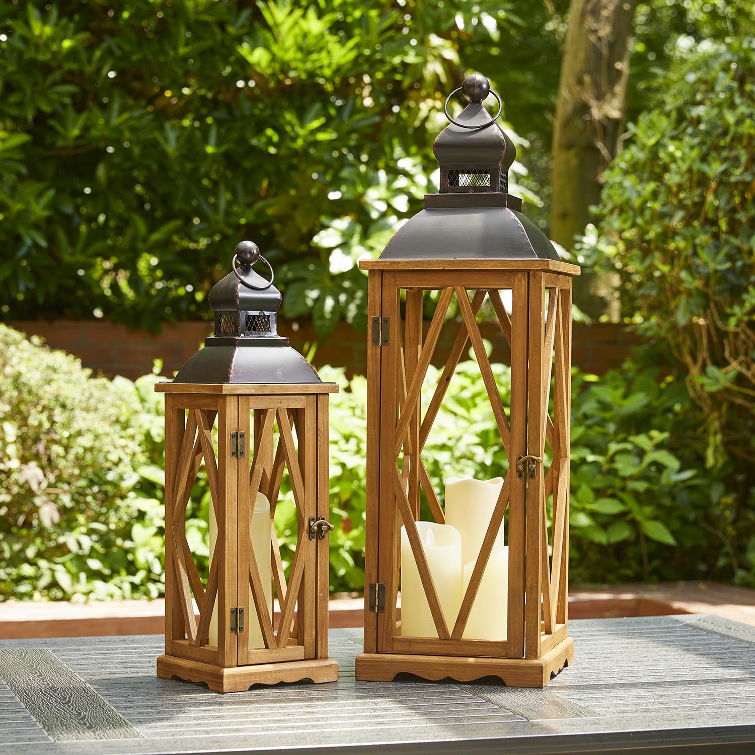 Glitzhome Farmhouse Lanterns Decorative Indoor, 2 Pack Wood/Metal Decorative Candle Lanterns, Vintage Lantern Decor Large Floor Lanterns for Home Decor, Brown (No Glass)