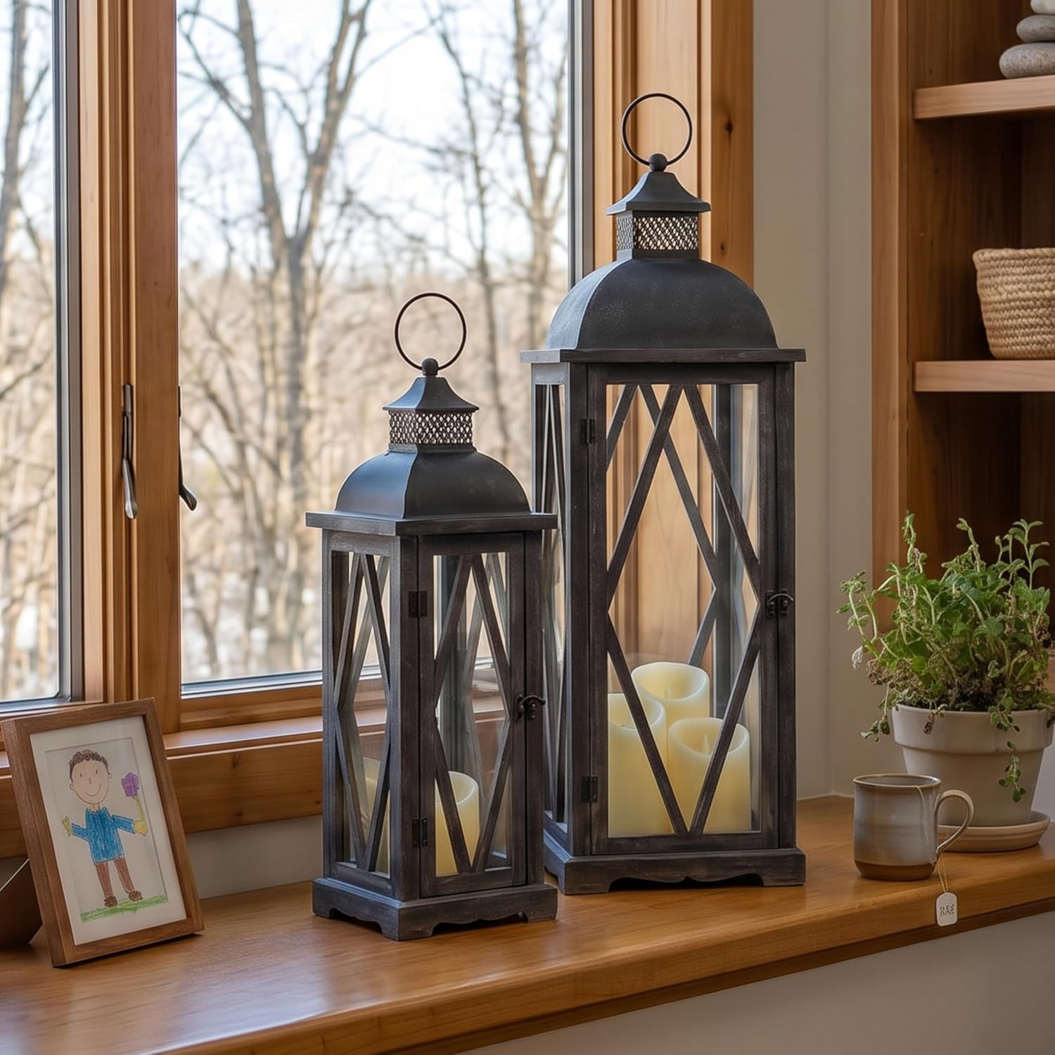 Perfnique Farmhouse Outdoor Lanterns for Patio, Set of 2 Rustic Lanterns Decor, Vintage Hanging Candle Holder Decorative for Porch, Garden, Yard, Indoor (No Glass, Dark Brown)