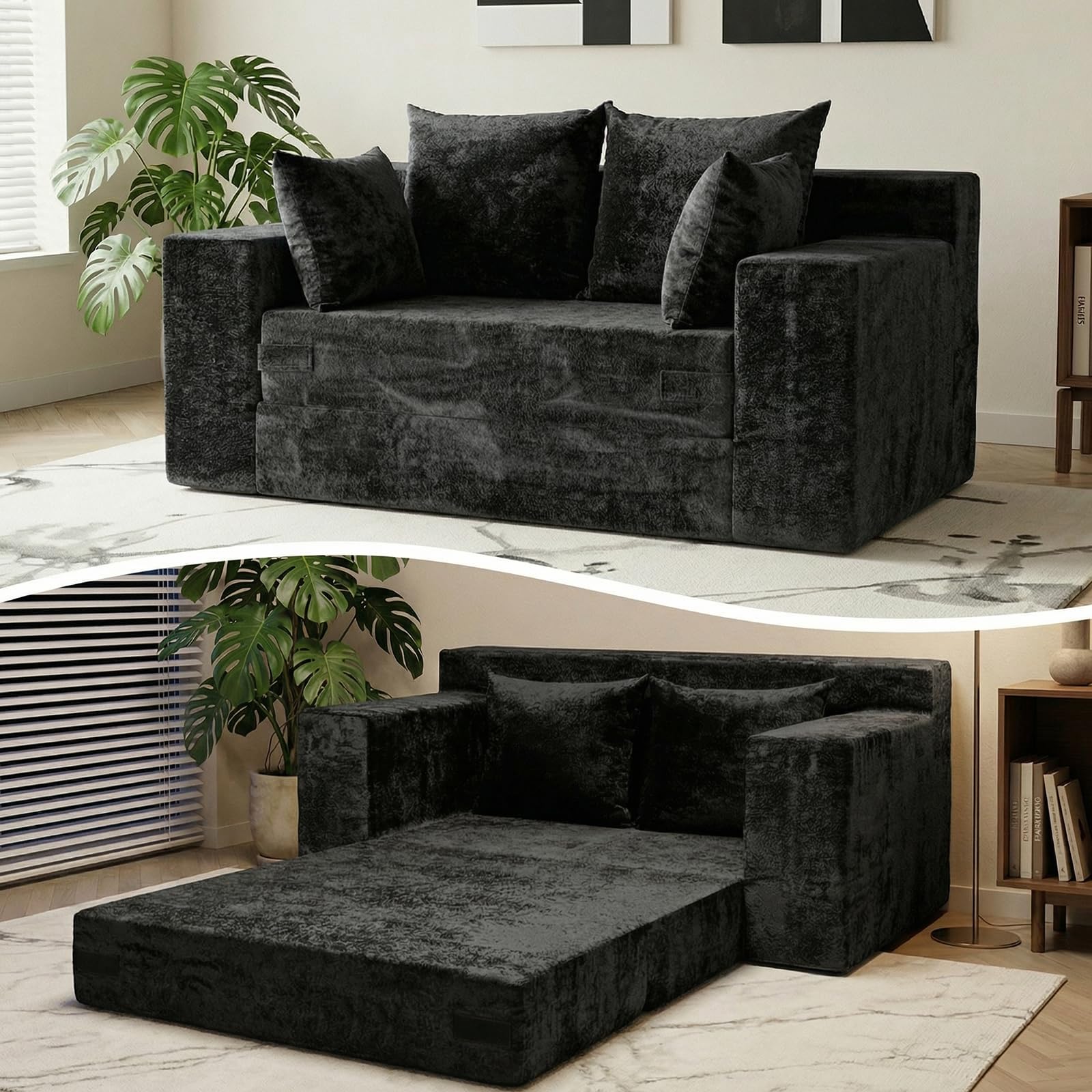 Oversized Boneless Loveseat, 3 Seater Pull Out Convertible Sofa Bed, 70" Gray Boneless Couch Fold Out Floor Couch Sleeper Sofa with 5 Pillows for Living Room Bedroom Lounge Small Space