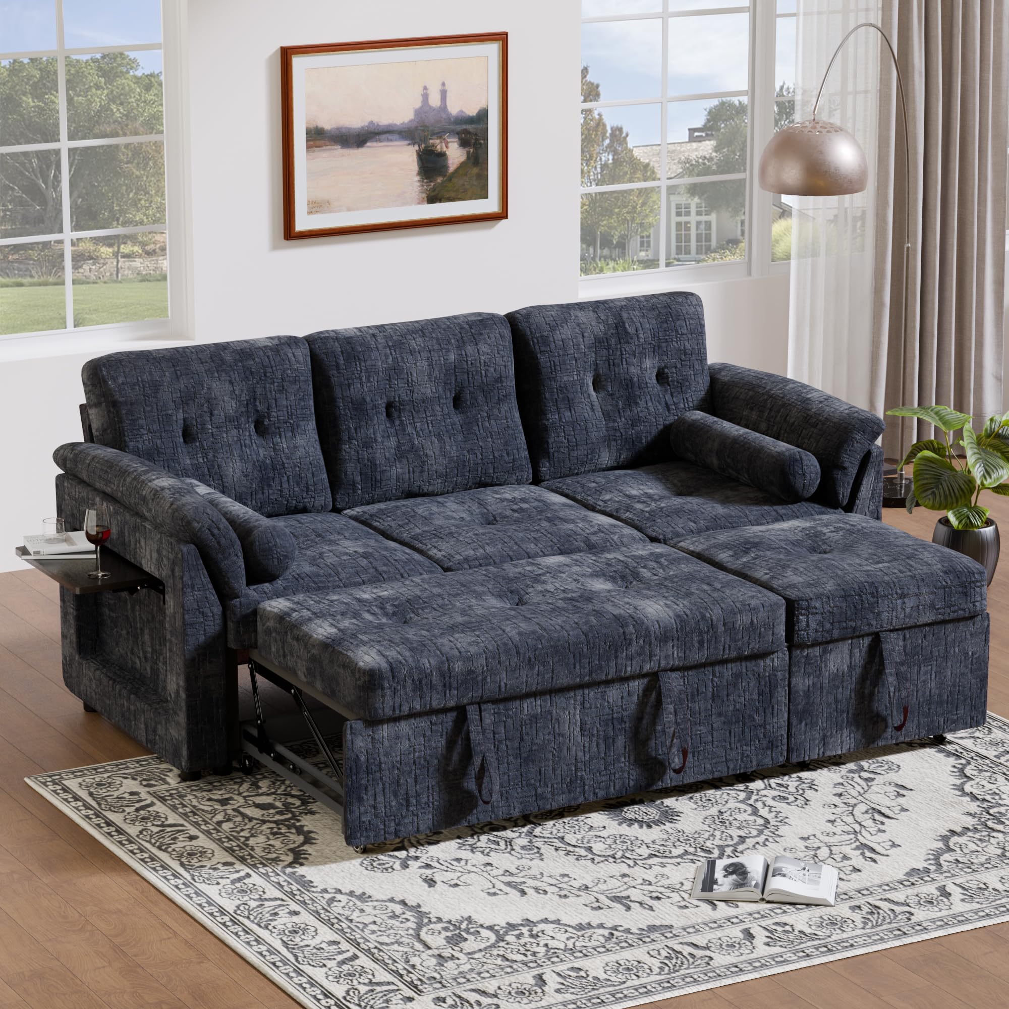 Pull Out Couch, Loveseat Sleeper Sofa Bed with Side Pockets, 3 in 1 Velvet Fabric Convertible Sofa Bed with Adjustable Backrest for Living Room, Bedroom, Apartment, Black
