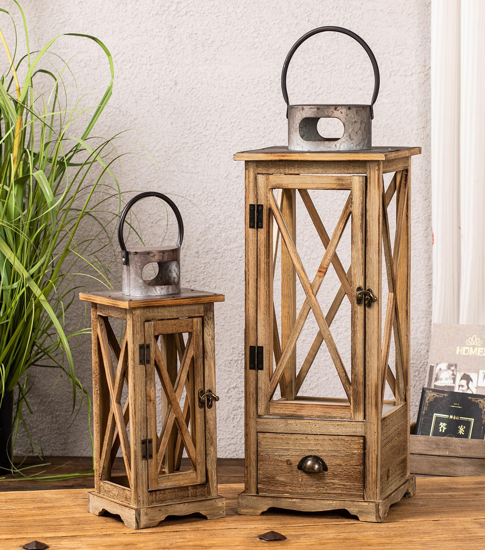 TIMRIS Large Farmhouse Wooden Metal Lantern Set of 2, Rustic Decorative Floor Candle Lanterns, Vintage Distressed Hanging Lanterns for Home Décor (No Glass)