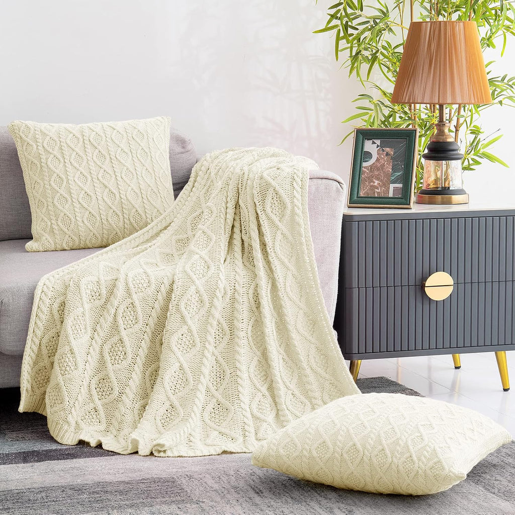 Cream White Homiest 3-Piece Cable Knit Throw Blanket & Pillow Cover Set for Sofa Couch Bed Decor