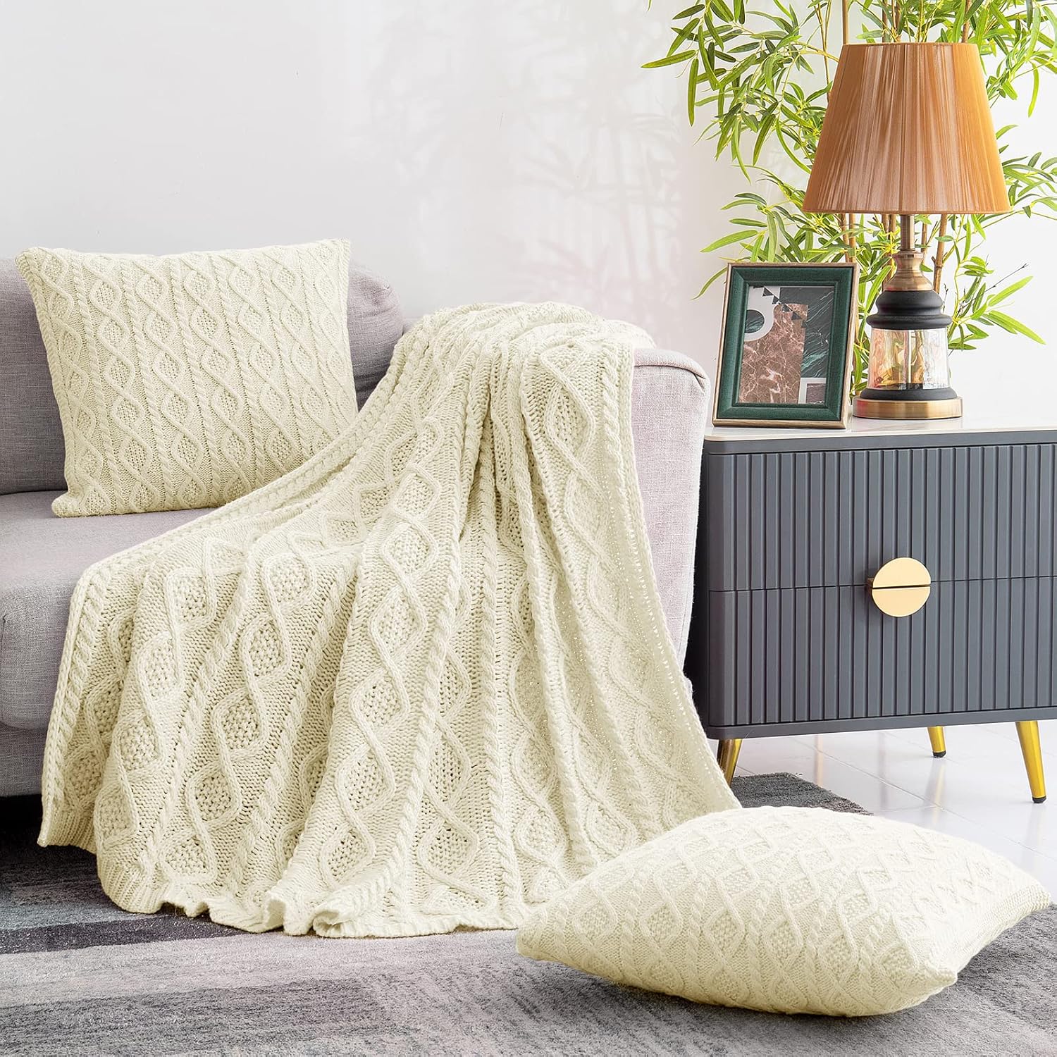 Cream White Homiest 3-Piece Cable Knit Throw Blanket & Pillow Cover Set for Sofa Couch Bed Decor