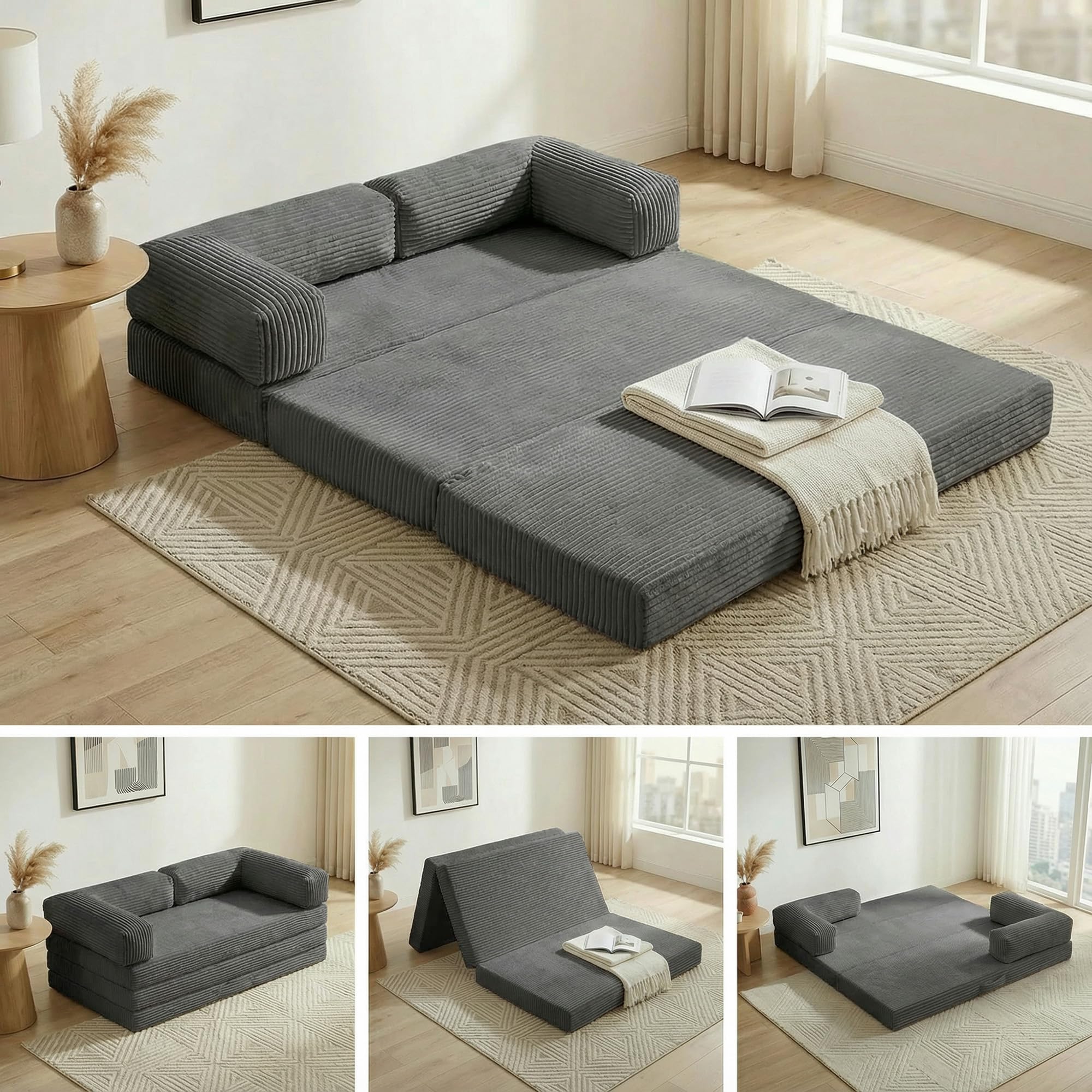 Convertible Sofa Bed Queen,5-in-1 Tri-Fold Boneless Couch with Removable Armrests & Handle,Corduroy Futon Sleeper Sofa,Floor Folding Mattress Pull Out Bed for Small Space Apartment Living Room Bedroom