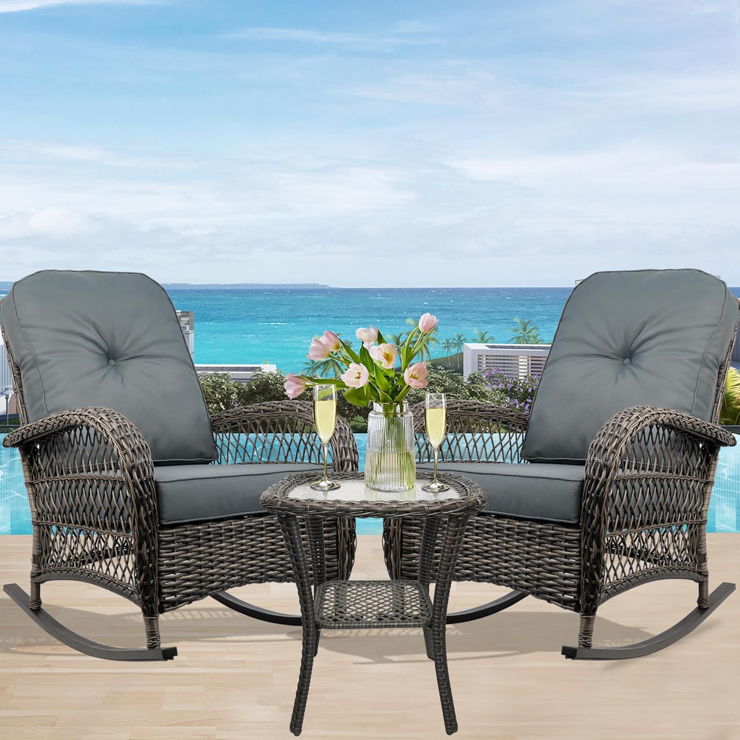 Outdoor Wicker Rocking Chair, All Weather Resin Rattan Wicker Rocking Chairs, for Garden Backyard Lown Porch,1pc,Grey