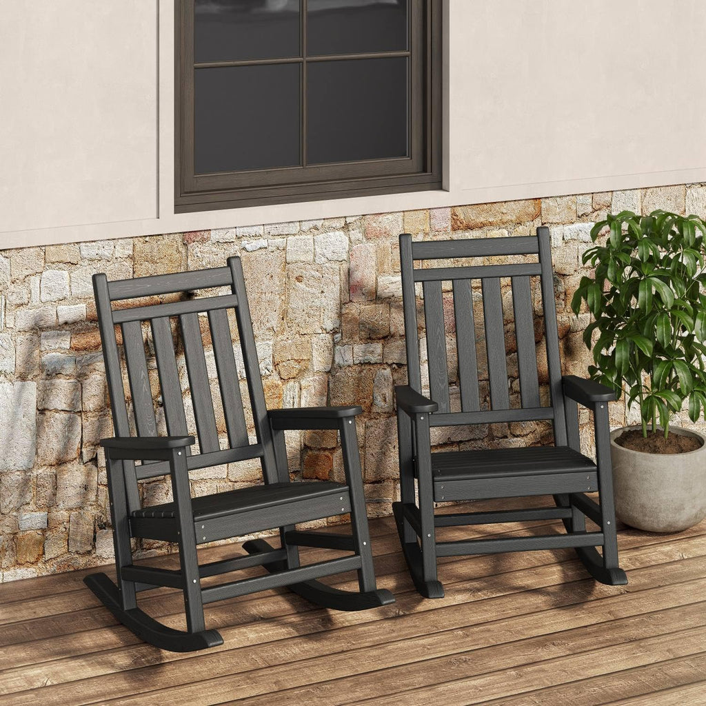 Black Garvee 2-Pack HDPE High Back Outdoor Rocking Chairs with Side Table All Weather Patio Porch Furniture