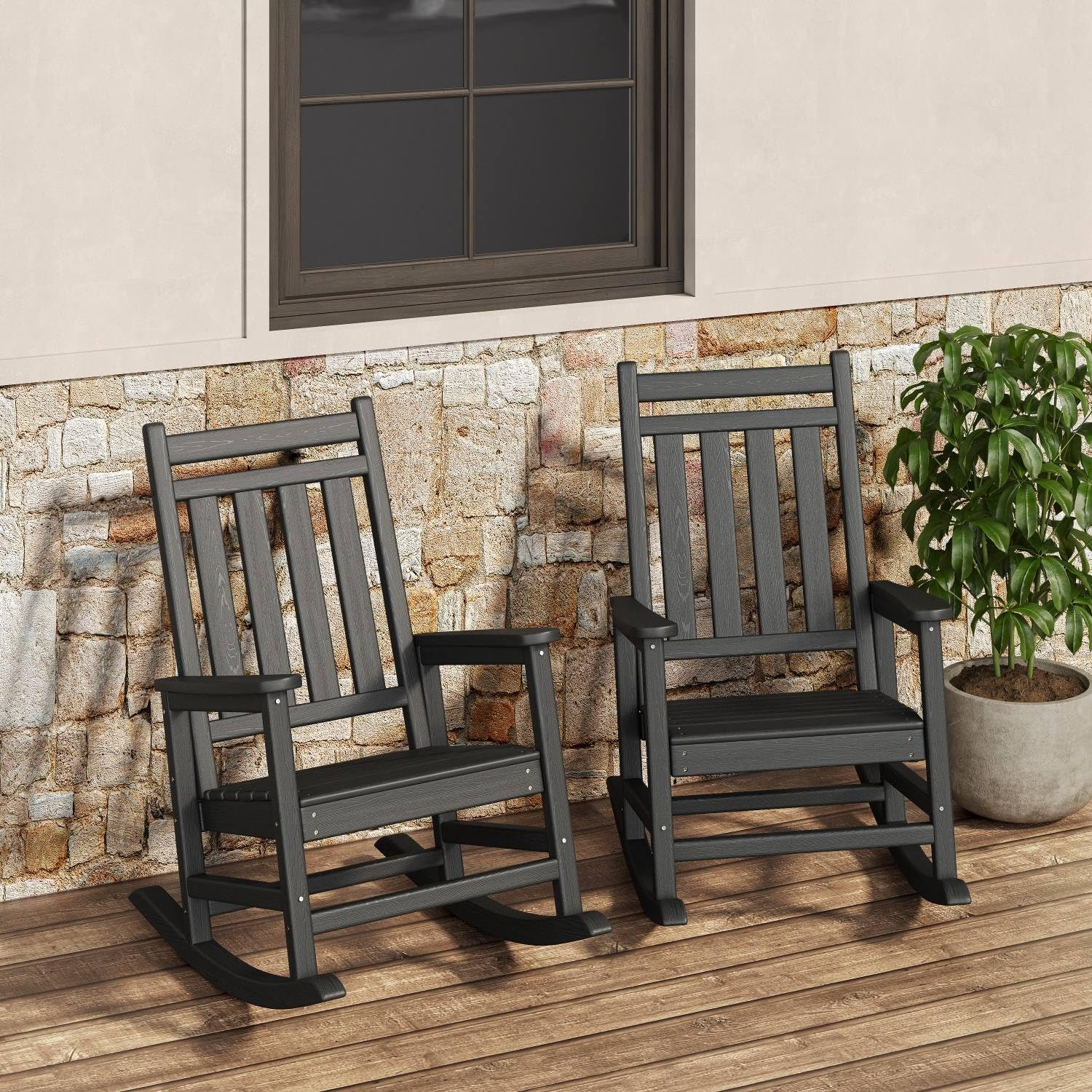 Black Garvee 2-Pack HDPE High Back Outdoor Rocking Chairs with Side Table All Weather Patio Porch Furniture