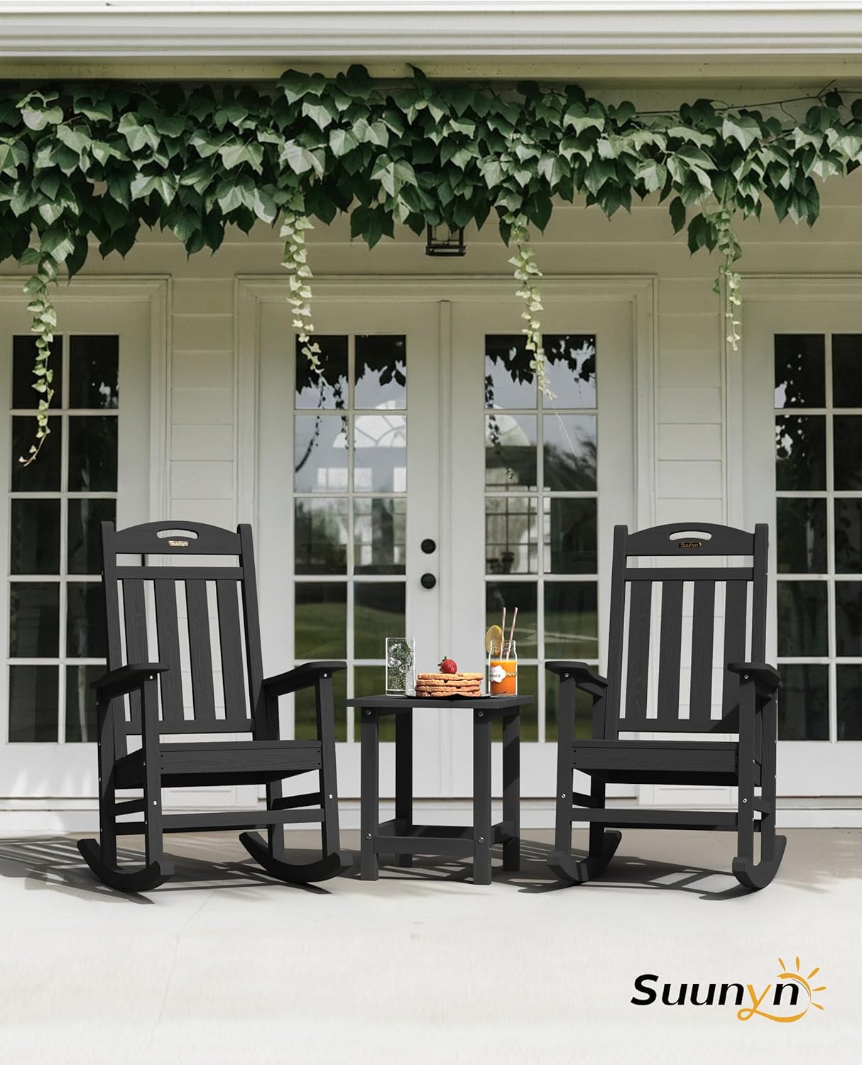 Oversized Outdoor Rocking Chair, High Back Porch Rocker Chair, HDPE All Weather Resistant Rocking Chairs for Patio, 380lbs Weight Capacity, Black