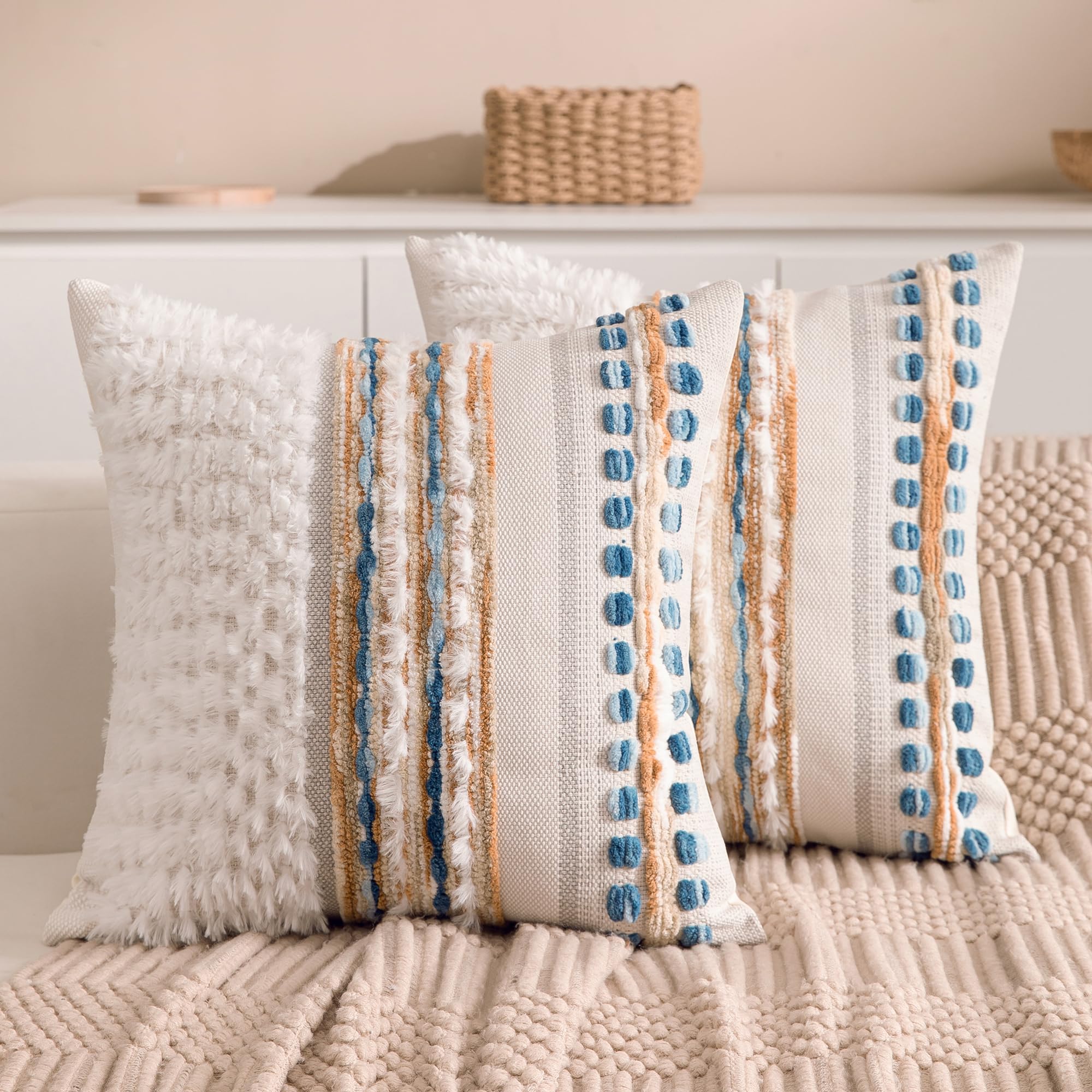 Boho Chenille Tufted Couch Throw Pillow Covers 18x18 Inch Set of 2 Farmhouse Striped Decorative Pillow Covers Accent Neutral Square Pillowcase Grey Cushion Covers for Livingroom Sofa Bed