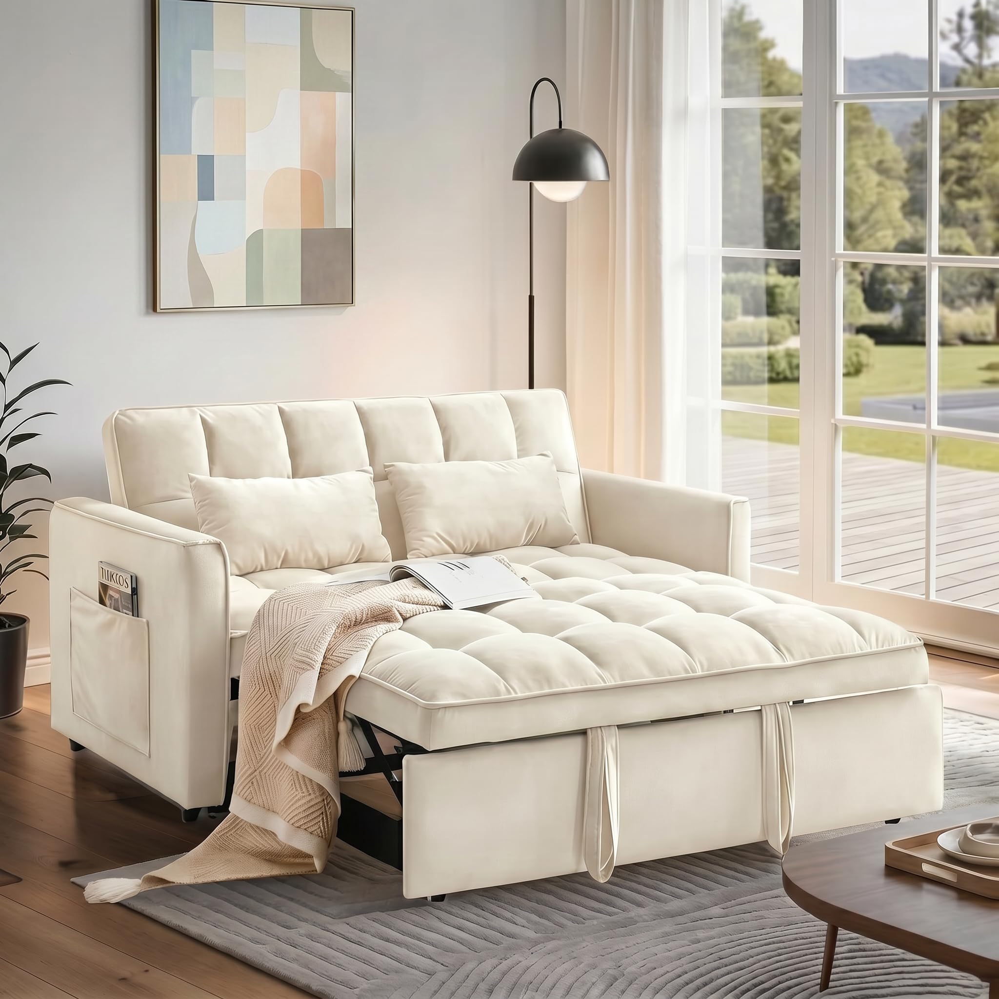 Pull Out Couch, Loveseat Sleeper Sofa Bed with Side Pockets, 3 in 1 Velvet Fabric Convertible Sofa Bed with Adjustable Backrest for Living Room, Bedroom, Apartment, Black