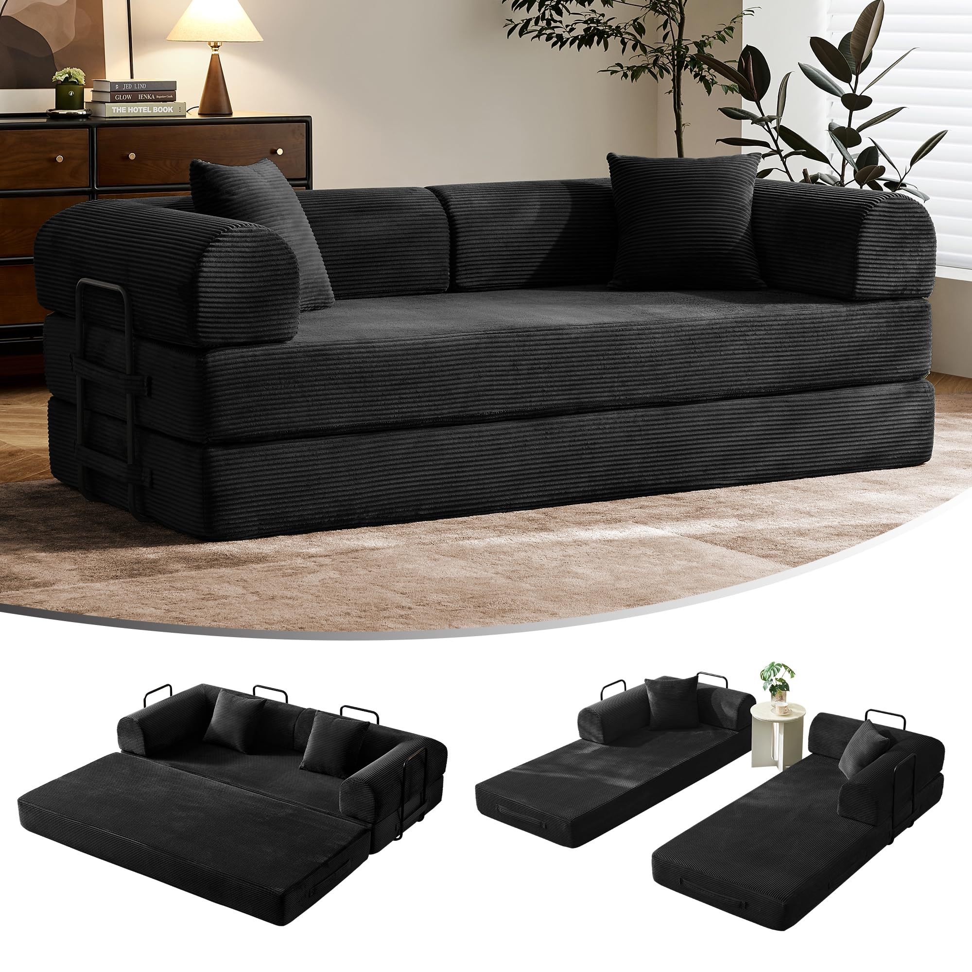 79" Convertible Sofa Bed with Fixed-Shape Frame & Removable Armrests, Modular Corduroy Sleeper Sofa, Folding Mattress Couch for Small Spaces - No Assembly Needed in Green (Includes 2 Pillows)