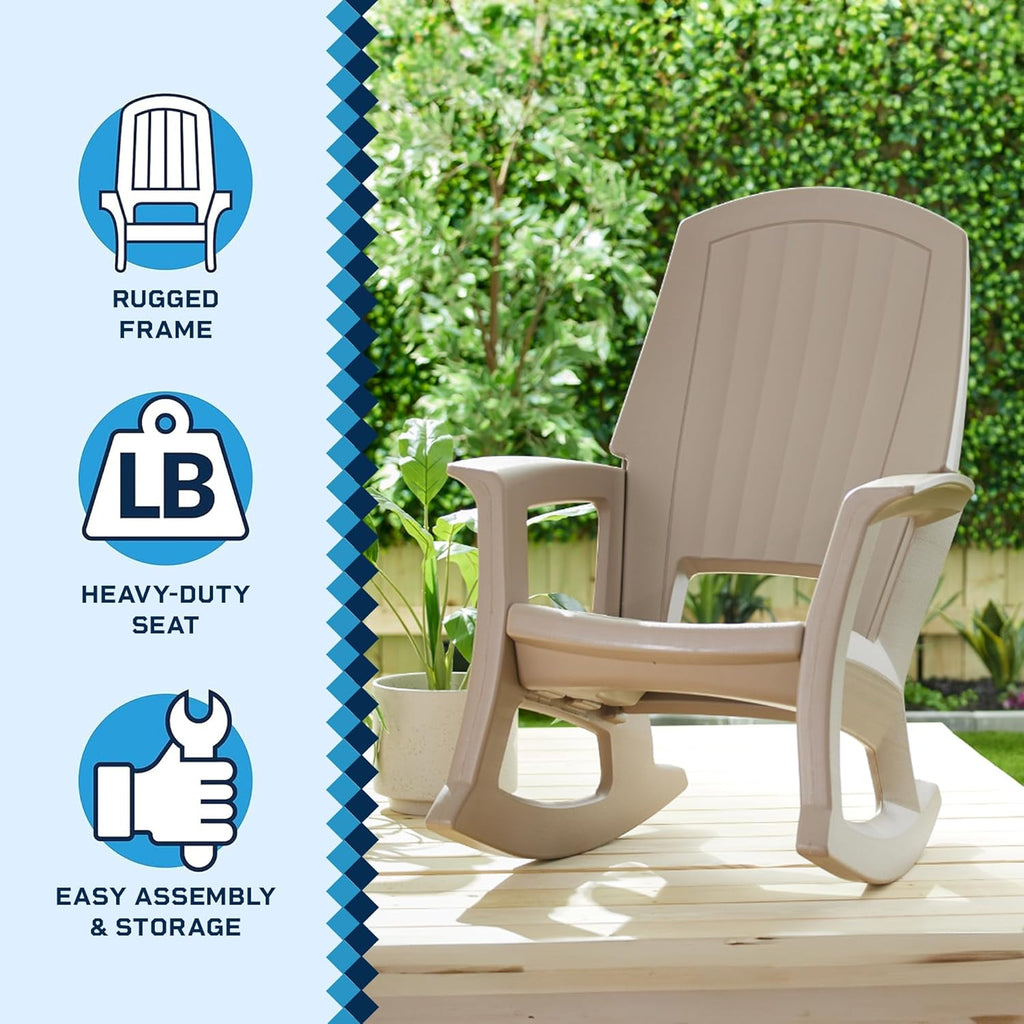 Semco Plastics Rockaway Heavy Duty Polyethylene All Weather Outdoor Rocking Chair with Backrest and Armrests for Porch, Deck and Patio, Taupe