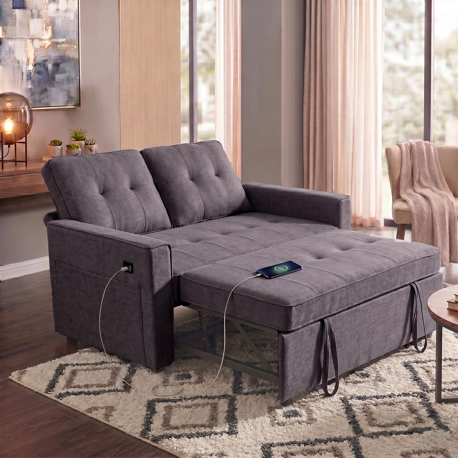 Actinidia 3 in 1 Convertible Sofa Bed, 53" Modern Loveseat Sleeper Sofa with USB Port & Storage Pockets, Pull Out Couch with Reclining Backrest, Futon Bed for Small Spaces, Living Room (Dark Gray)