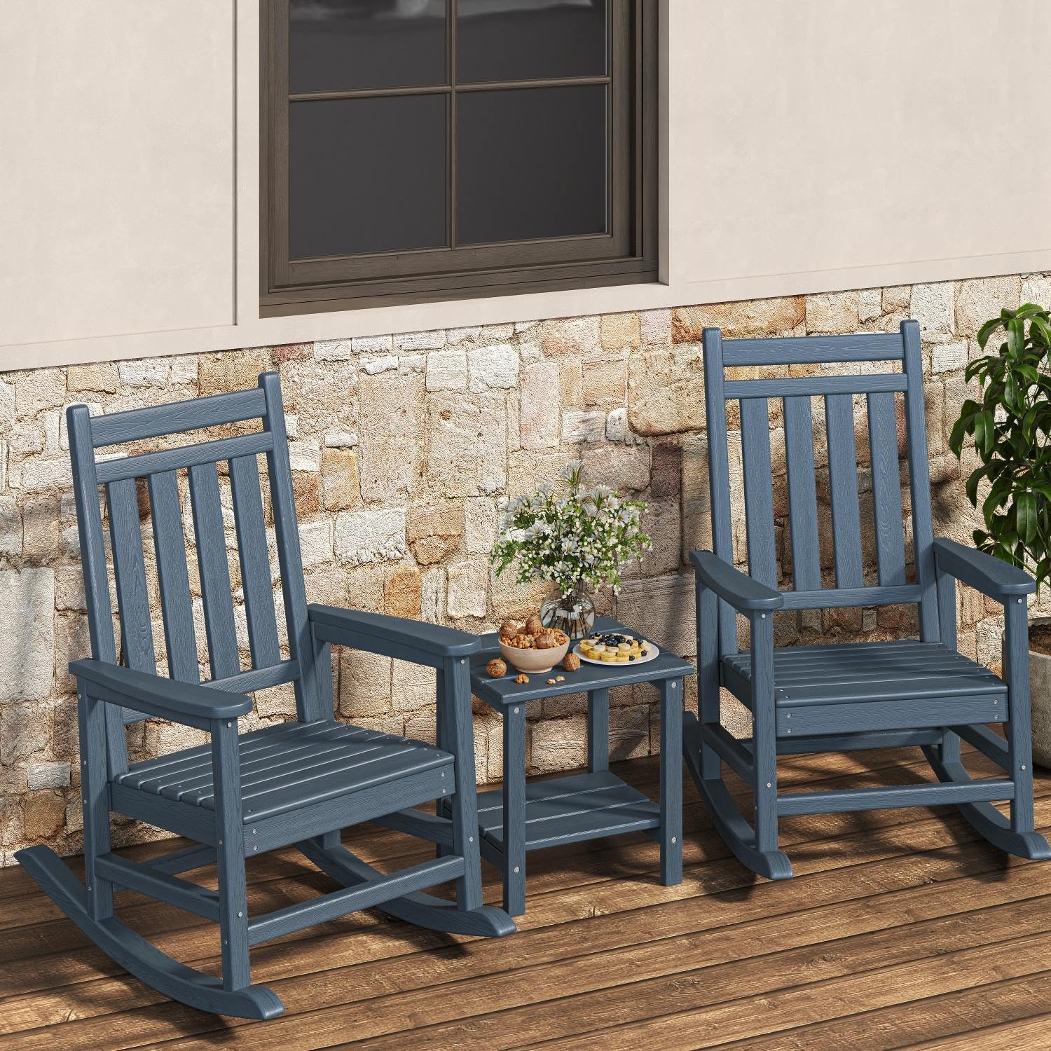 Black Garvee 2-Pack HDPE High Back Outdoor Rocking Chairs with Side Table All Weather Patio Porch Furniture