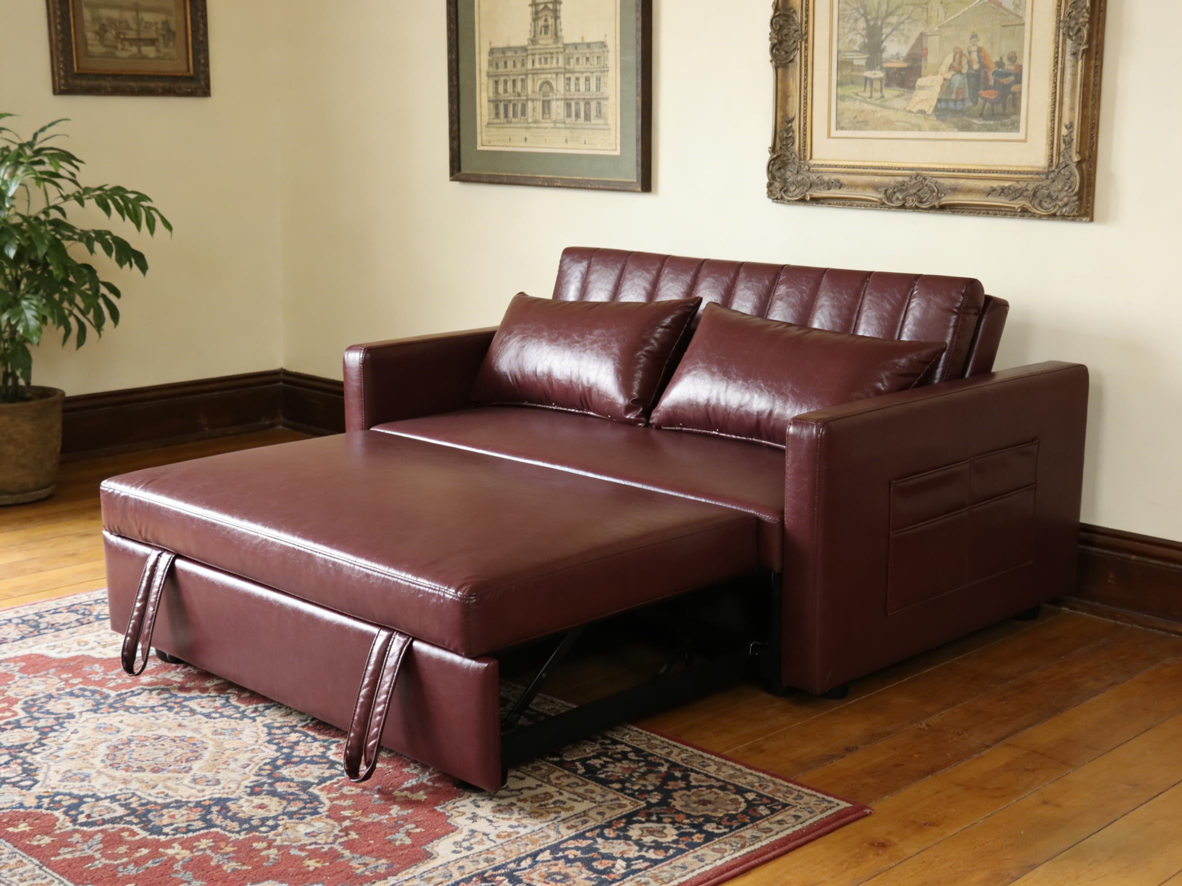 55.5" Fabric Convertible Sofa Bed, Pull Out Sleeper Sofa Bed, Loveseat Couch with Side Pocket, 3 in 1 Convertible Sleeper Sofa Bed for Living Room, Apartment, Bedroom, RV, Brown