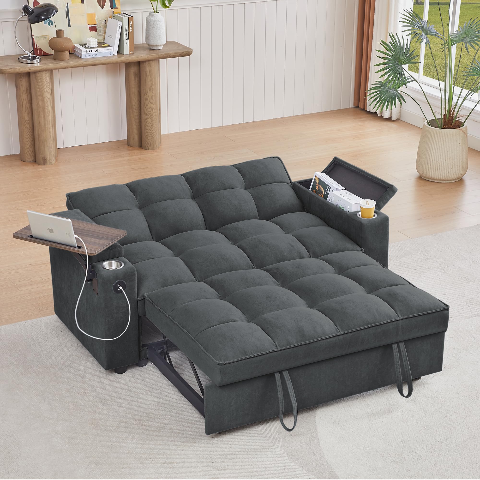 hansones 65'' 3-in-1 Folding Convertible Sofa Bed, Pullout Sofa, Modern Chenille Fabric, 360° Swivel Side Table, Easy Assembly, Perfect for Living Room, Black