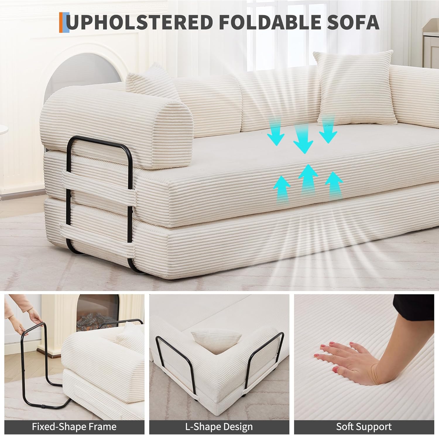 Beige GarveeHome 79" 4-in-1 Corduroy Convertible Folding Sleeper Sofa Bed with Pillow No Assembly