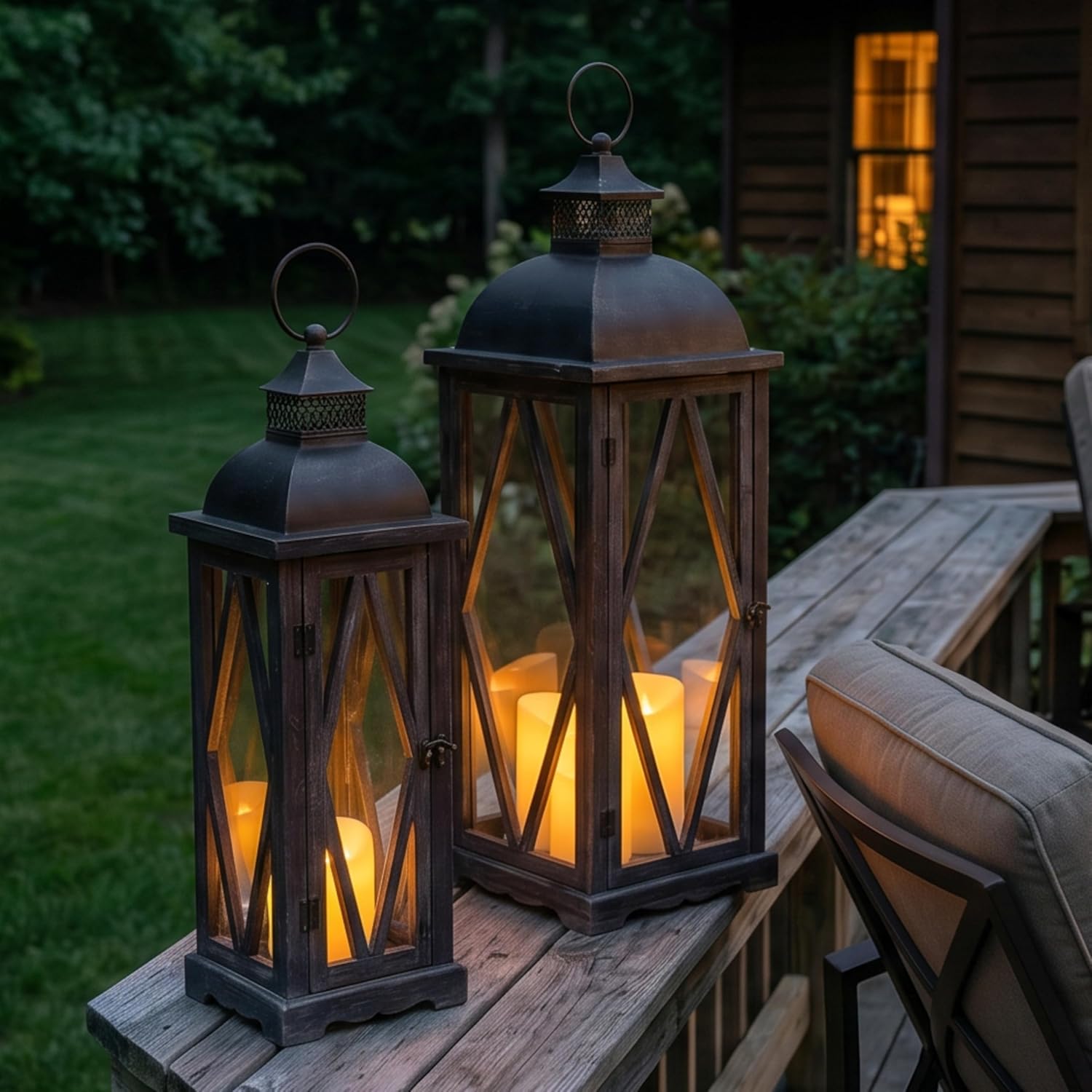 Perfnique Farmhouse Outdoor Lanterns for Patio, Set of 2 Rustic Lanterns Decor, Vintage Hanging Candle Holder Decorative for Porch, Garden, Yard, Indoor (No Glass, Dark Brown)