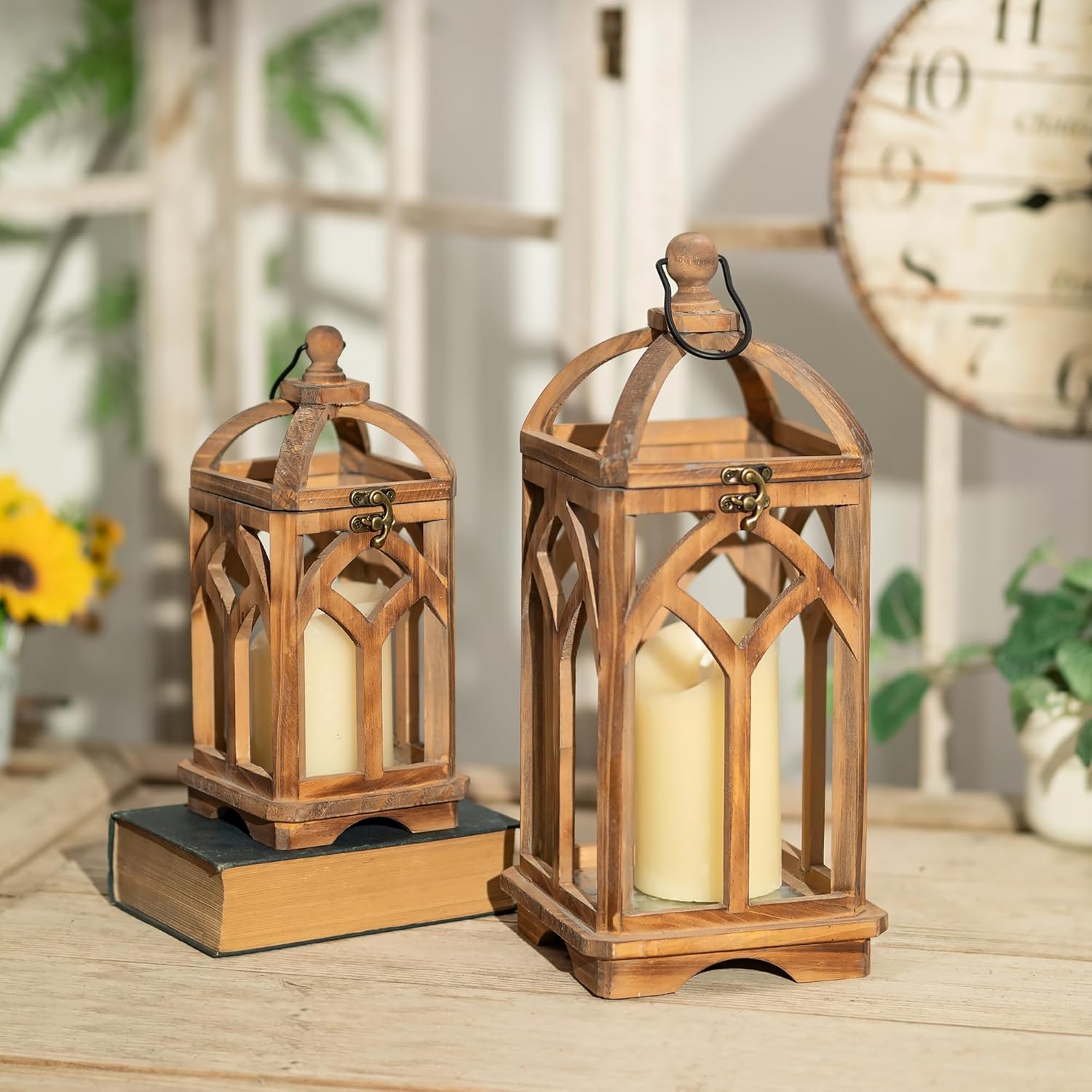 Farmhouse Lanterns Decorative Indoor: 11" & 15" Set of 2 Brown Wooden Candle Holder Lanterns for Table Centerpiece Fireplace Mantle Home Decor