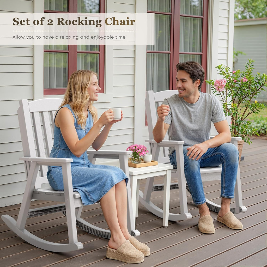 Greesum Outdoor Rocking Chair, 300lbs All-Weather Patio Rocker, Rust-Proof & UV-Resistant, Comfortable Smooth Glide for Deck, Porch, Lawn, or Garden, White