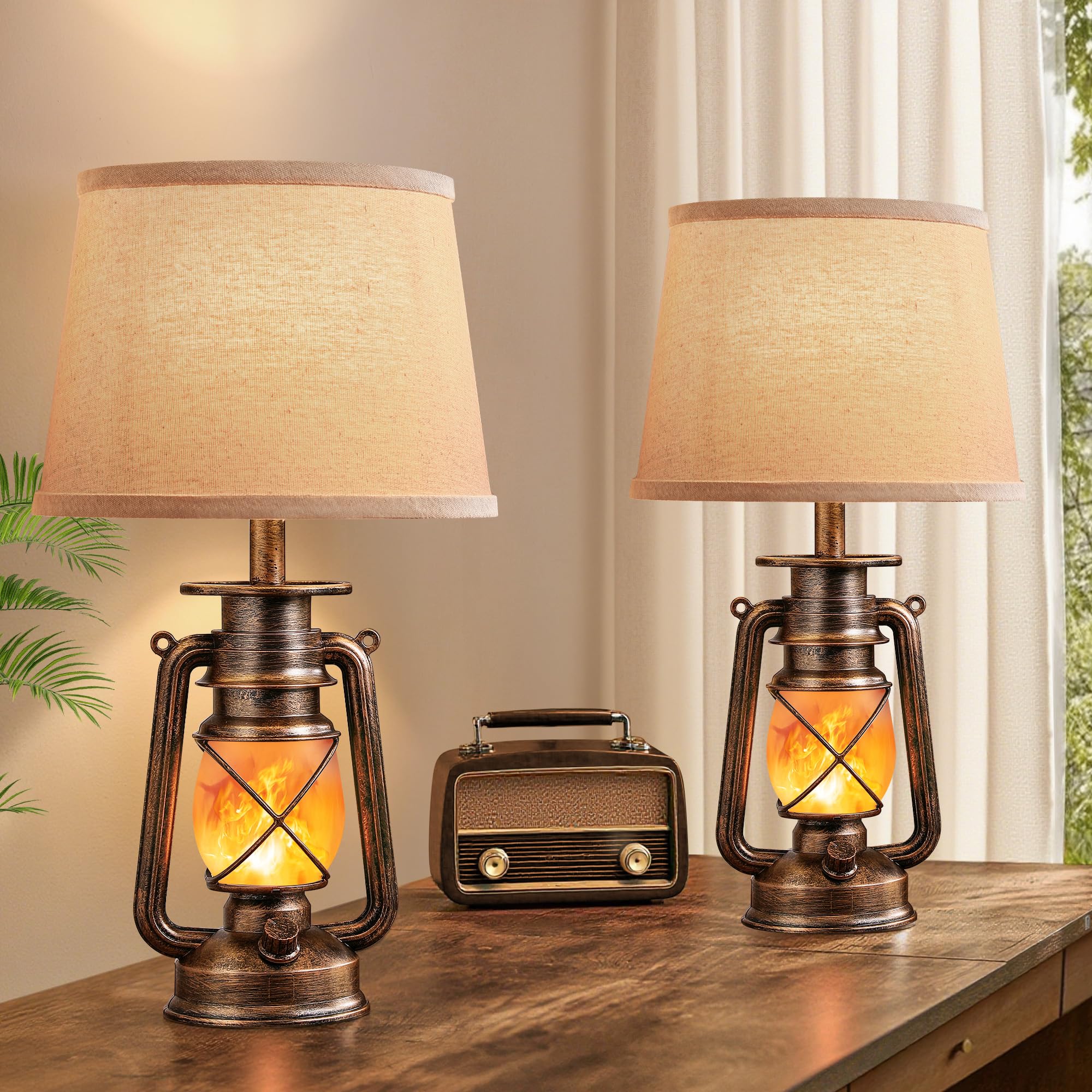 LEDIARY 18.72" LED Vintage Lantern Flickering Flame Table Lamps for Bedrooms Set of 2, Small Farmhouse Rustic Vintage End Table Lamps, Halloween Decorative Lantern Bedside Lamps for Living Room