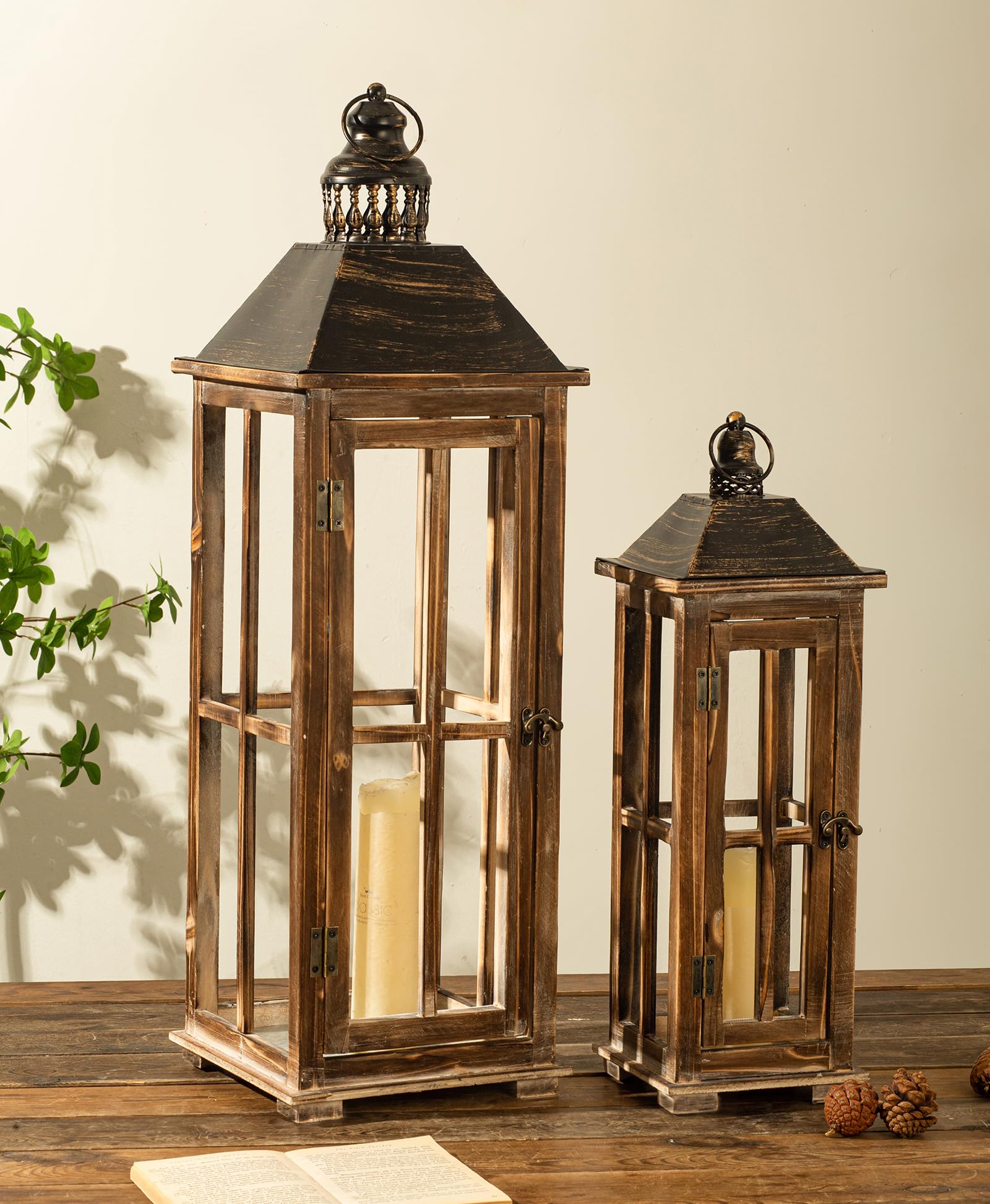 TIMRIS Large Farmhouse Wooden Metal Lantern Set of 2, Rustic Decorative Floor Candle Lanterns, Vintage Distressed Hanging Lanterns for Home Décor (No Glass)