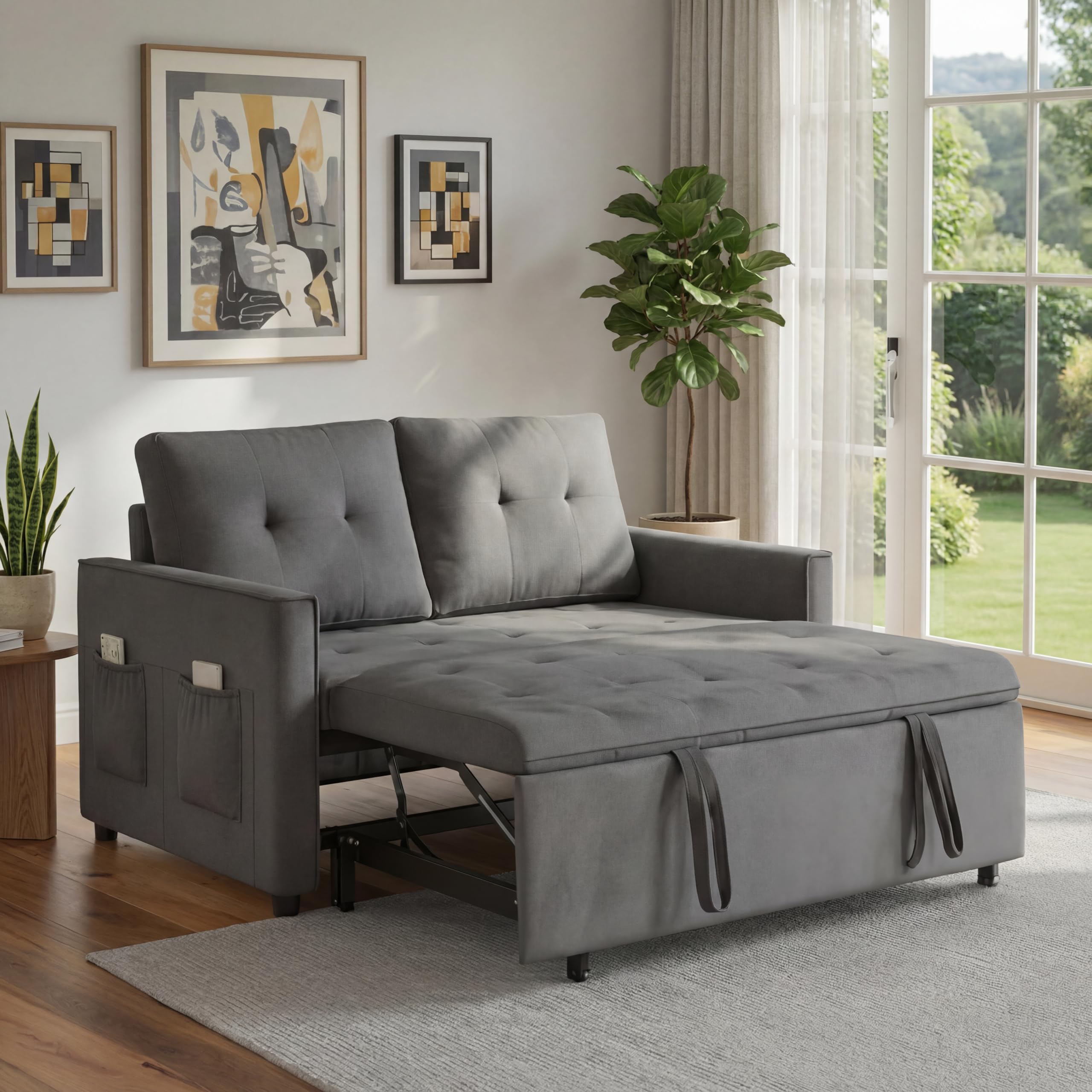 Pull Out Couch, Loveseat Sleeper Sofa Bed with Side Pockets, 3 in 1 Velvet Fabric Convertible Sofa Bed with Adjustable Backrest for Living Room, Bedroom, Apartment, Black