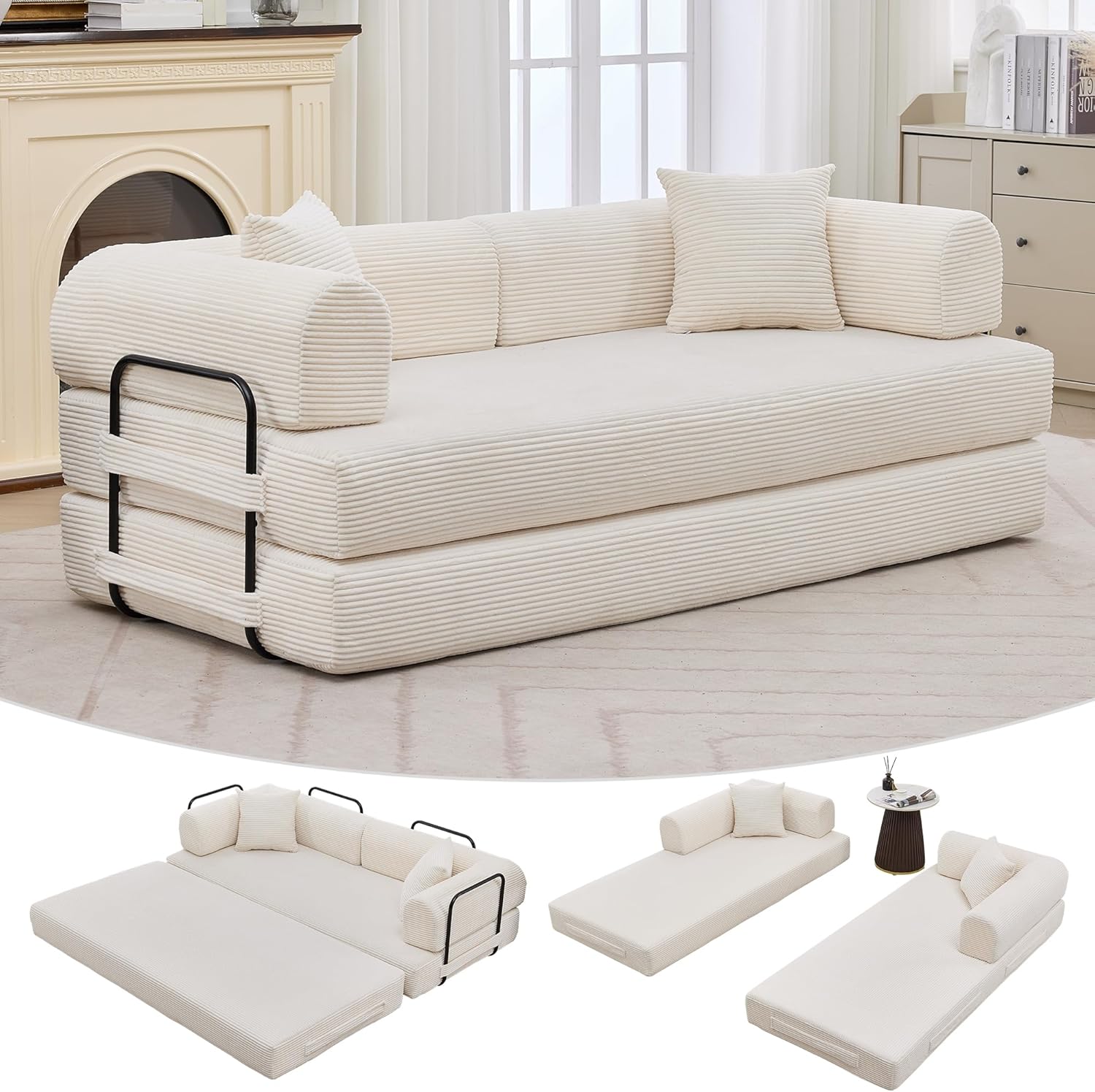 Beige GarveeHome 79" 4-in-1 Corduroy Convertible Folding Sleeper Sofa Bed with Pillow No Assembly