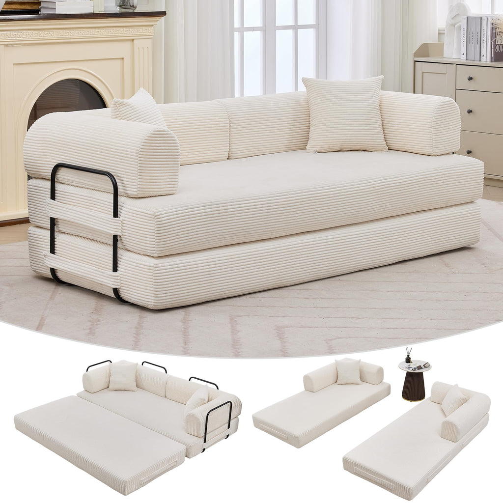 Beige GarveeHome 79" 4-in-1 Corduroy Convertible Folding Sleeper Sofa Bed with Pillow No Assembly
