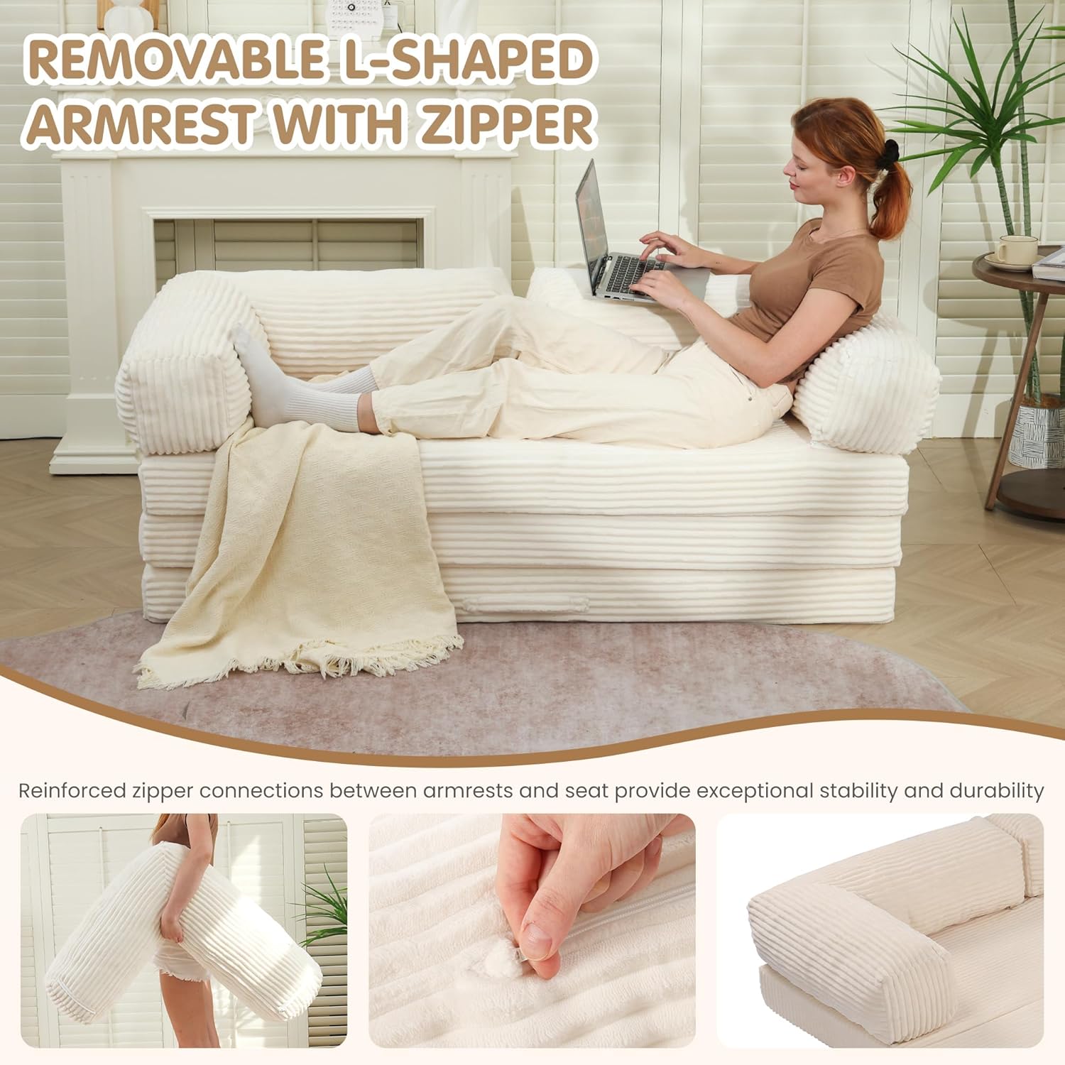 Convertible Sofa Bed Queen,5-in-1 Tri-Fold Boneless Couch with Removable Armrests & Handle,Corduroy Futon Sleeper Sofa,Floor Folding Mattress Pull Out Bed for Small Space Apartment Living Room Bedroom