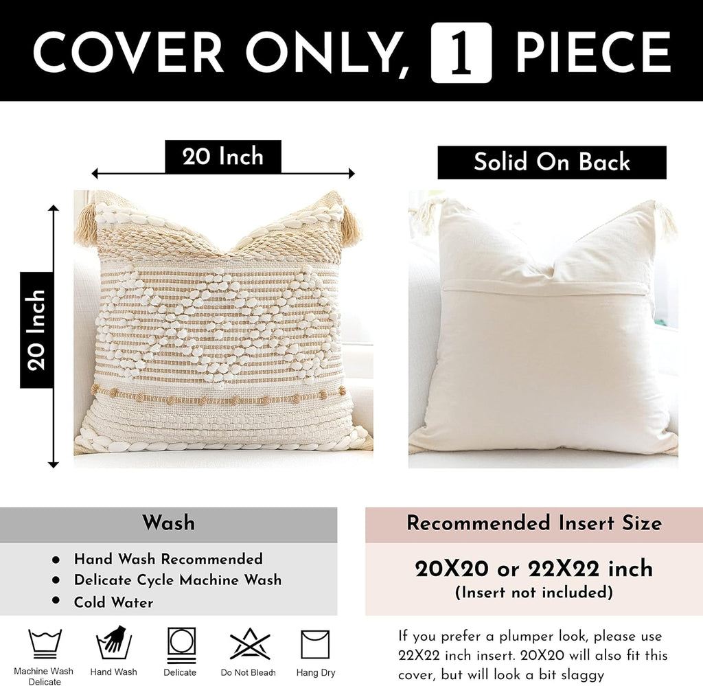 BlissBlush Cream White Boho Throw Pillow Cover 20X20, Boho Woven Textured Pillow Cover, Neutral Pillow Cover, Sofa Couch Bed Farmhouse Lumbar Pillow (Cover ONLY)