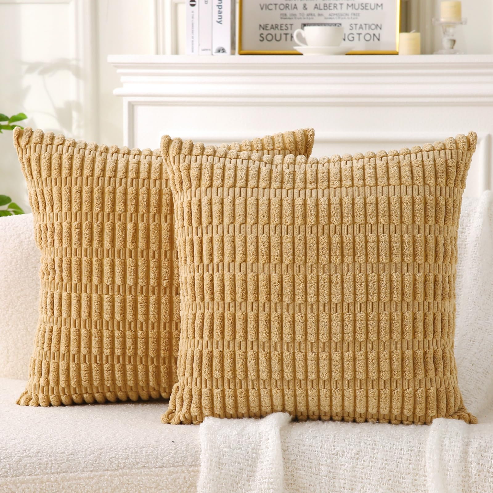Beige 2 Pack 18×18 Inch Striped Corduroy Boho Throw Pillows with Inserts for Sofa Couch Bed Decor