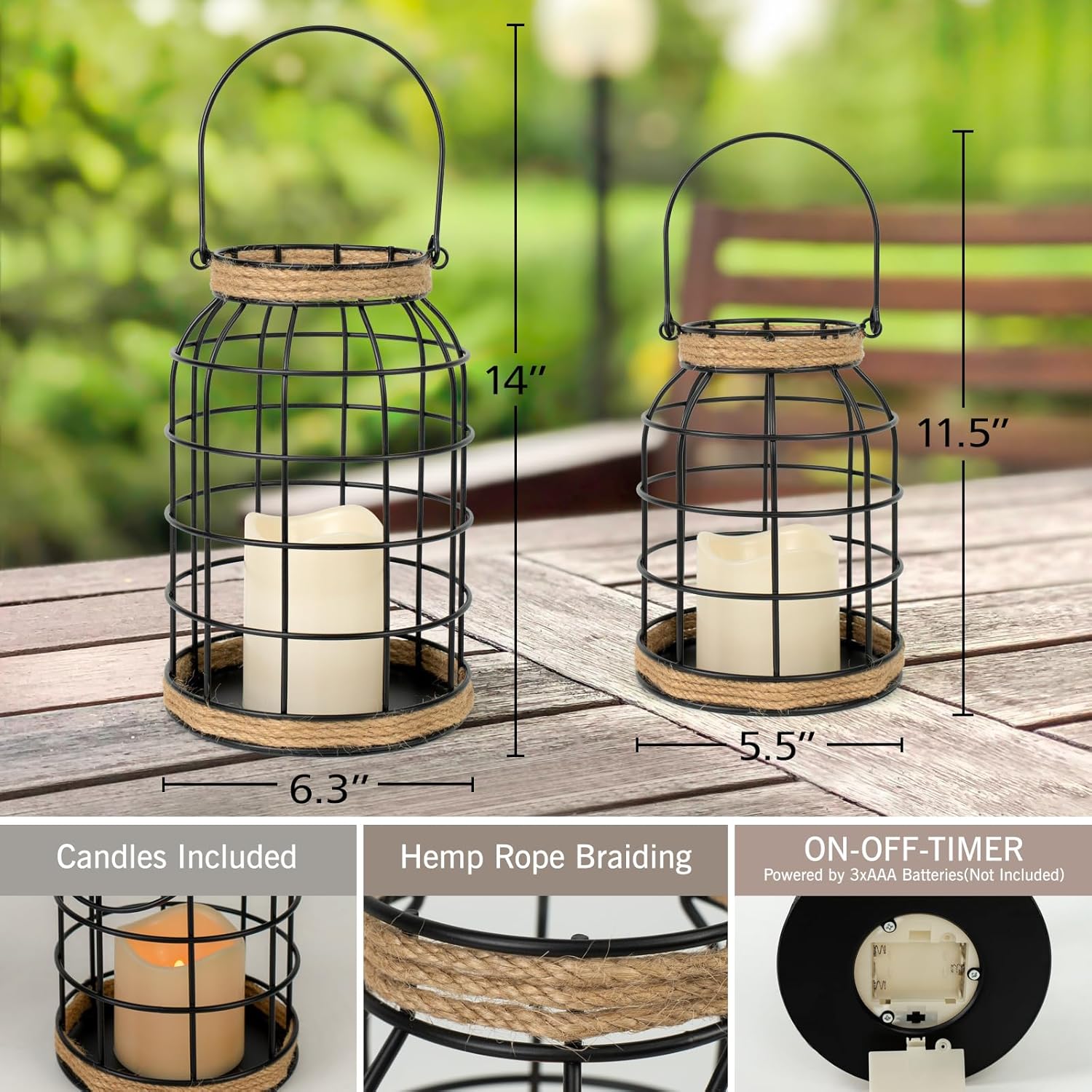Rustic Farmhouse Decorative Lantern Set of 2, Boho Lanterns with LED Candles, Modern Farmhouse Indoor Outdoor Decor for Living Room Patio Porch Fireplace Kitchen Dining Table Centerpiece