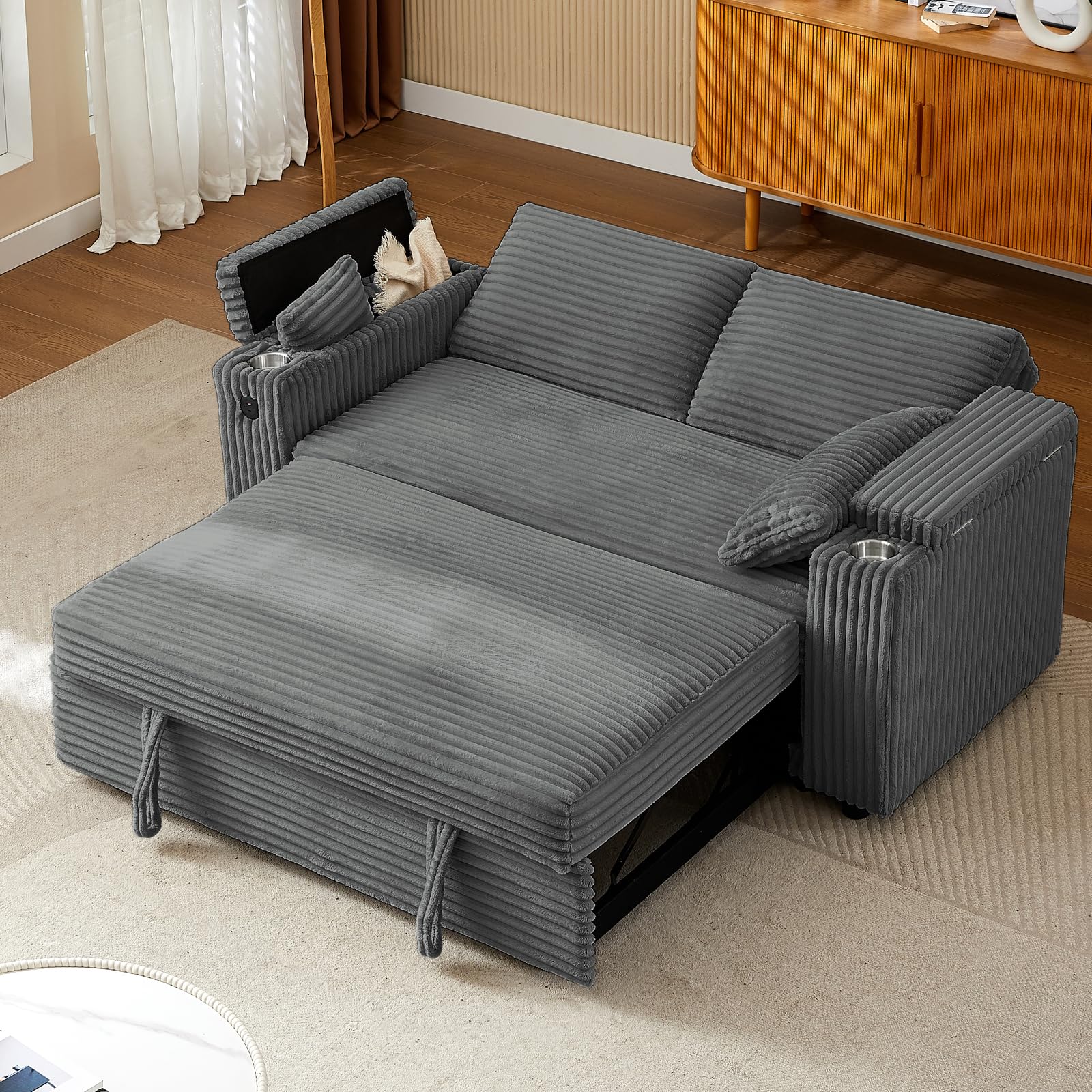 hansones 65'' 3-in-1 Folding Convertible Sofa Bed, Pullout Sofa, Modern Chenille Fabric, 360° Swivel Side Table, Easy Assembly, Perfect for Living Room, Black