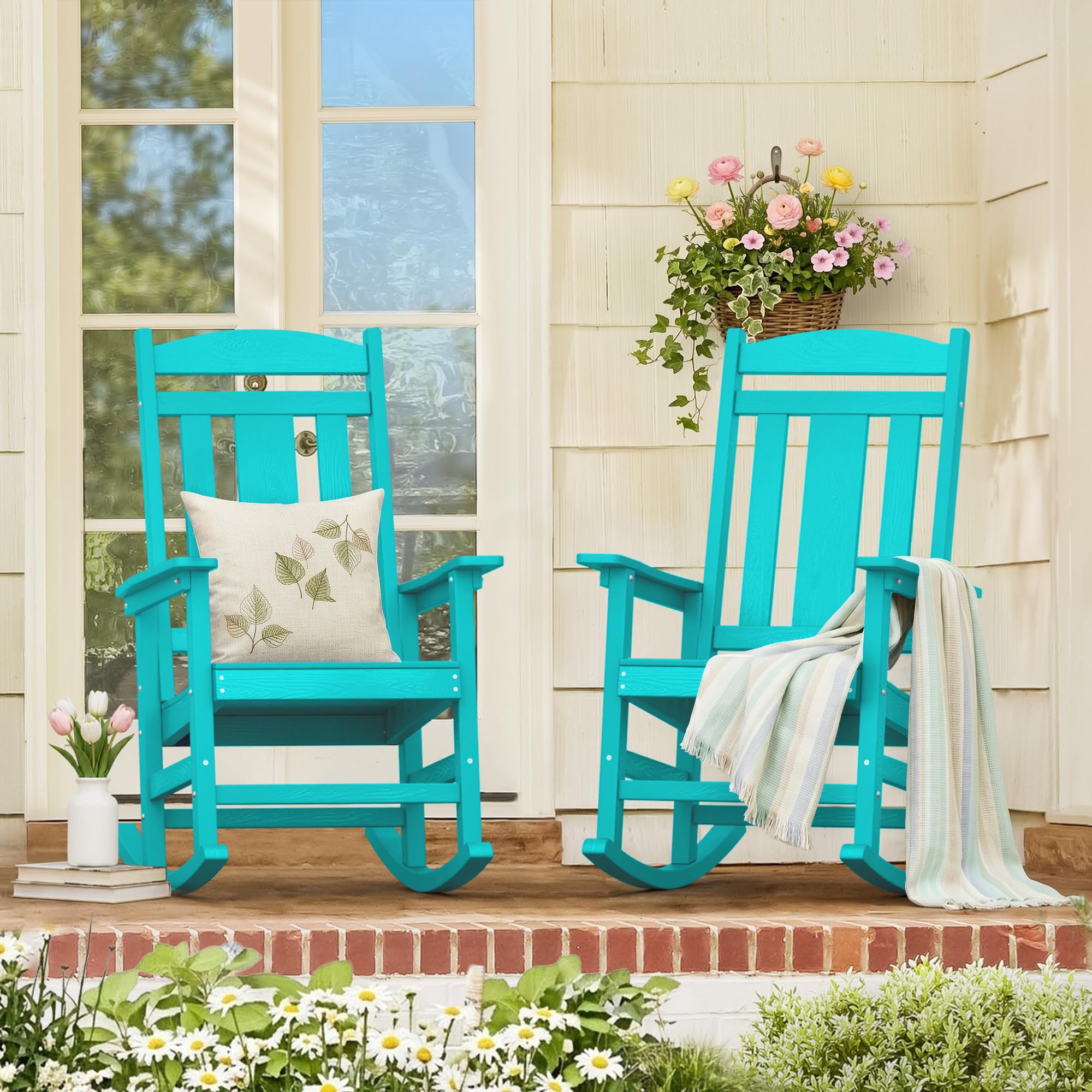 LUE BONA Outdoor Rocking Chairs Set of 2, Weather Resistant Poly Plastic Rocker, 350lb Heavy Duty, Oversized Porch Rocker for Adult, High Back Smooth for Outdoor & Indoor, Black
