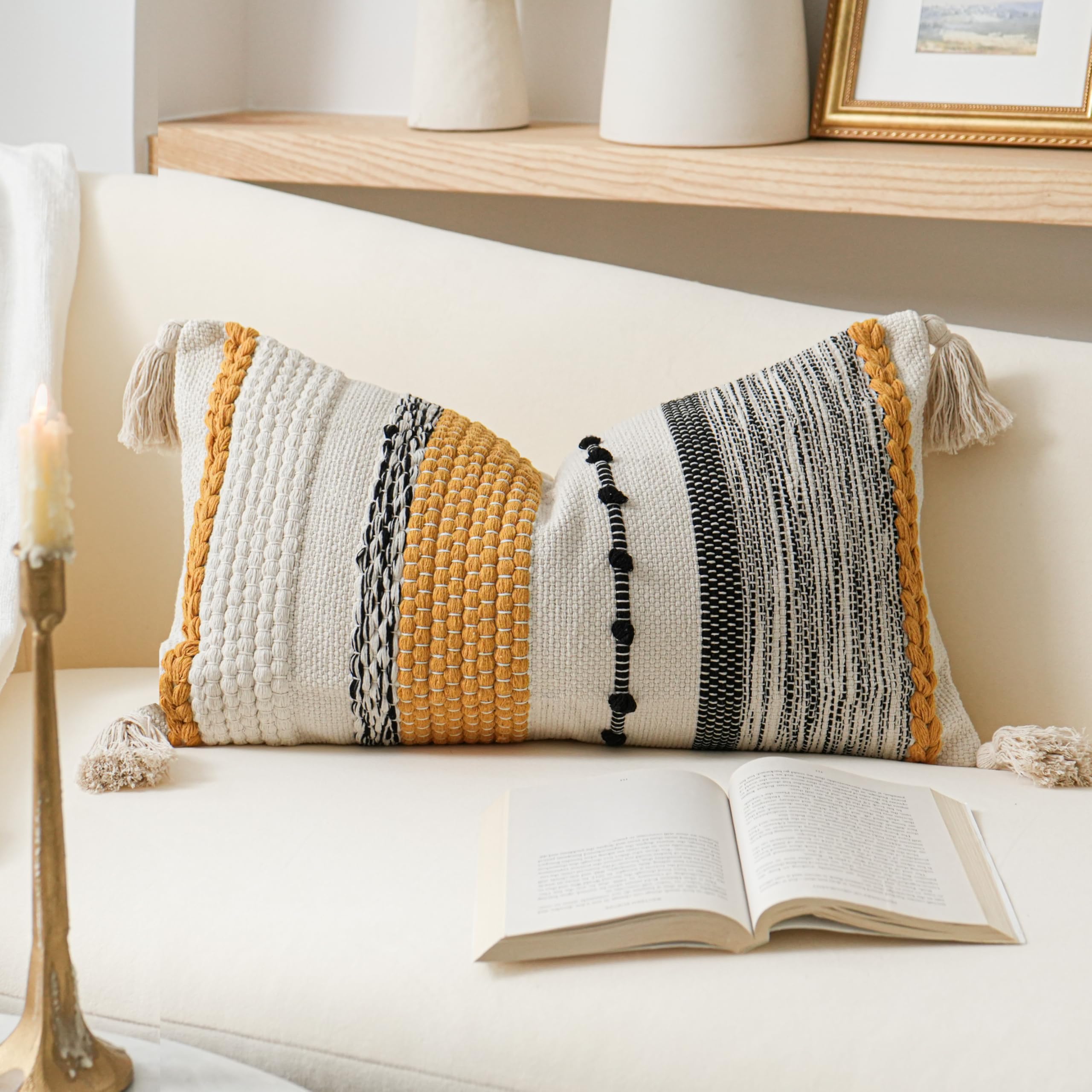 BlissBlush Coastal Blue Boho Decorative Throw Pillow Cover 18x18 Modern Bohemian Accent Pillow Case Square Woven Textured Farmhouse Pillows for Couch Bed (Pack of 1)
