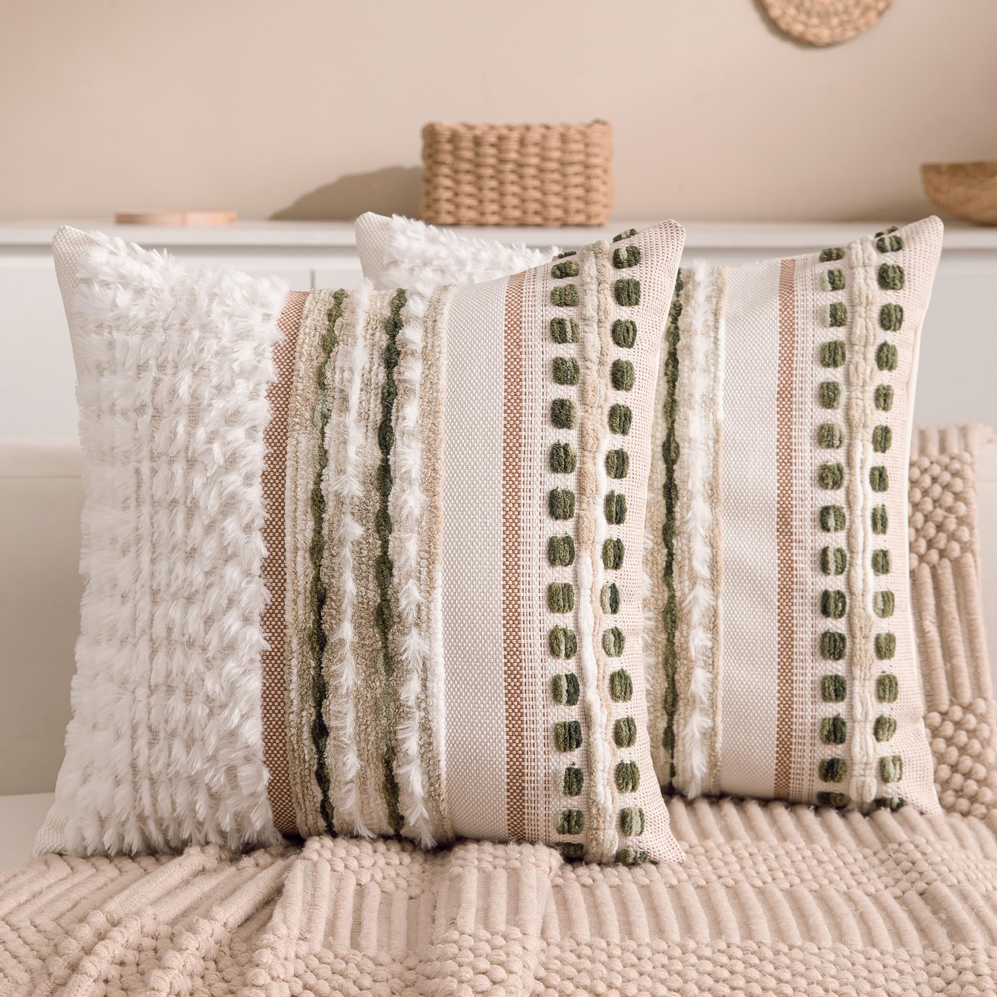 Boho Chenille Tufted Couch Throw Pillow Covers 18x18 Inch Set of 2 Farmhouse Striped Decorative Pillow Covers Accent Neutral Square Pillowcase Grey Cushion Covers for Livingroom Sofa Bed